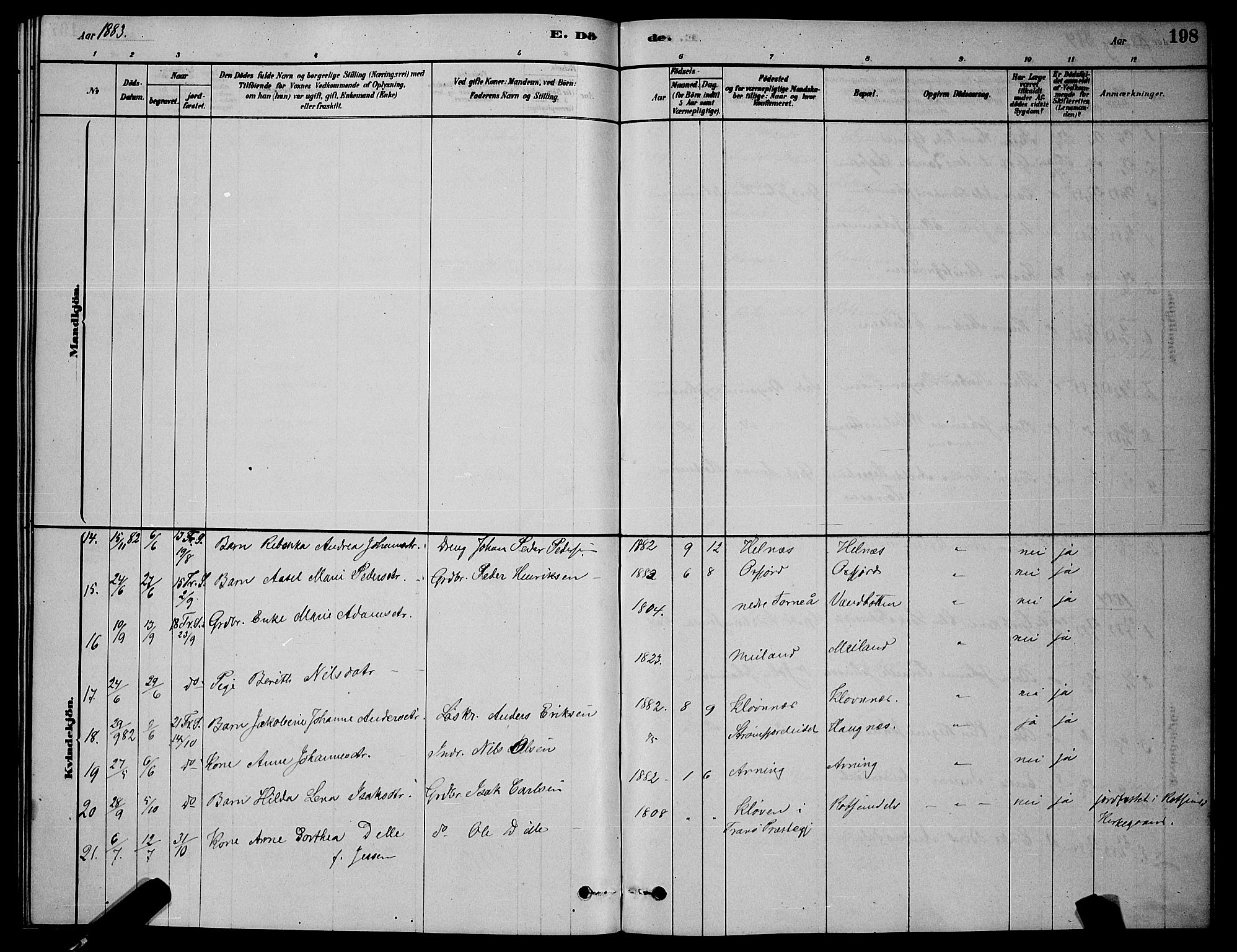 Skjervøy sokneprestkontor, AV/SATØ-S-1300/H/Ha/Hab/L0006klokker: Klokkerbok nr. 6, 1878-1888, s. 198