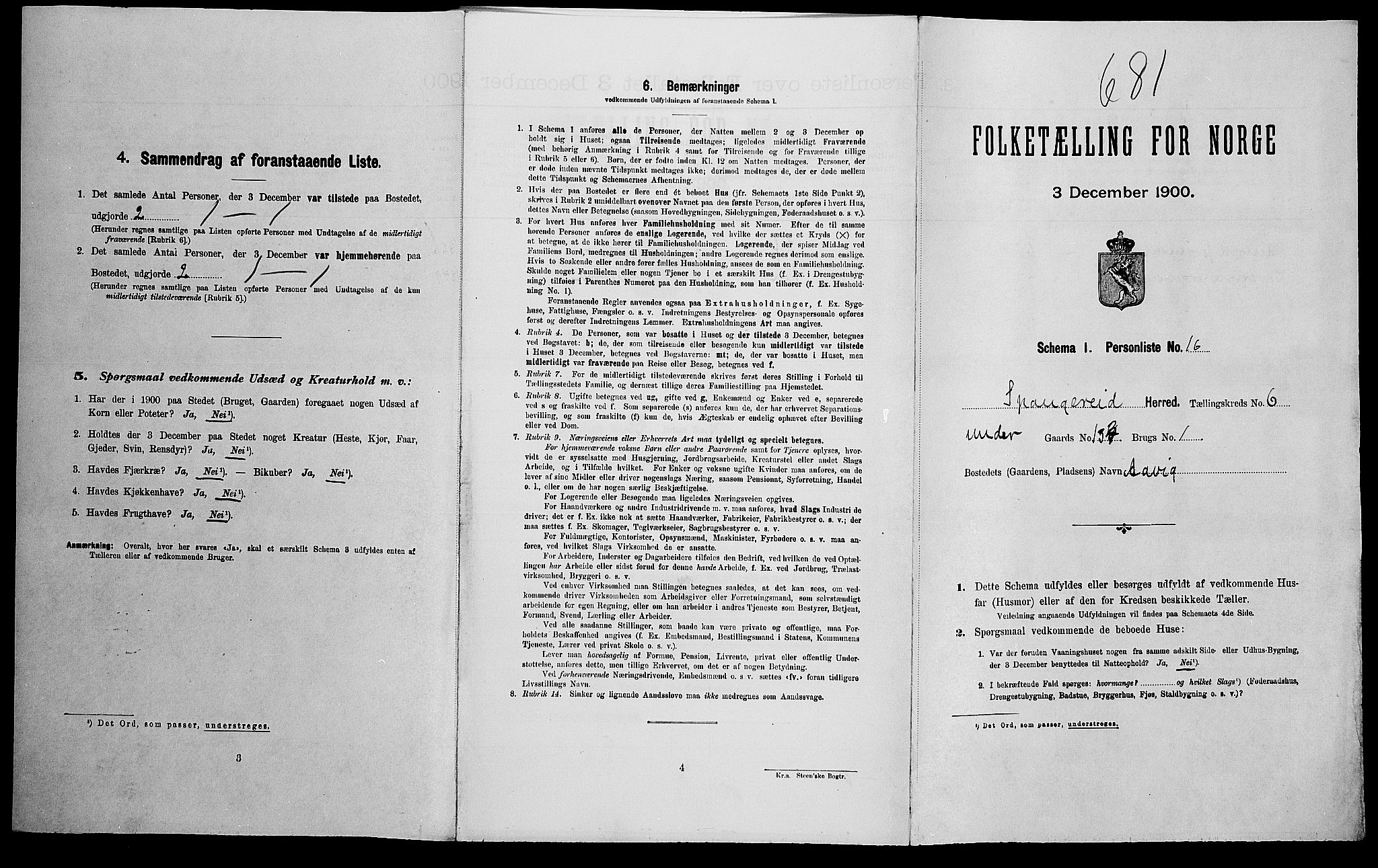SAK, Folketelling 1900 for 1030 Spangereid herred, 1900, s. 767
