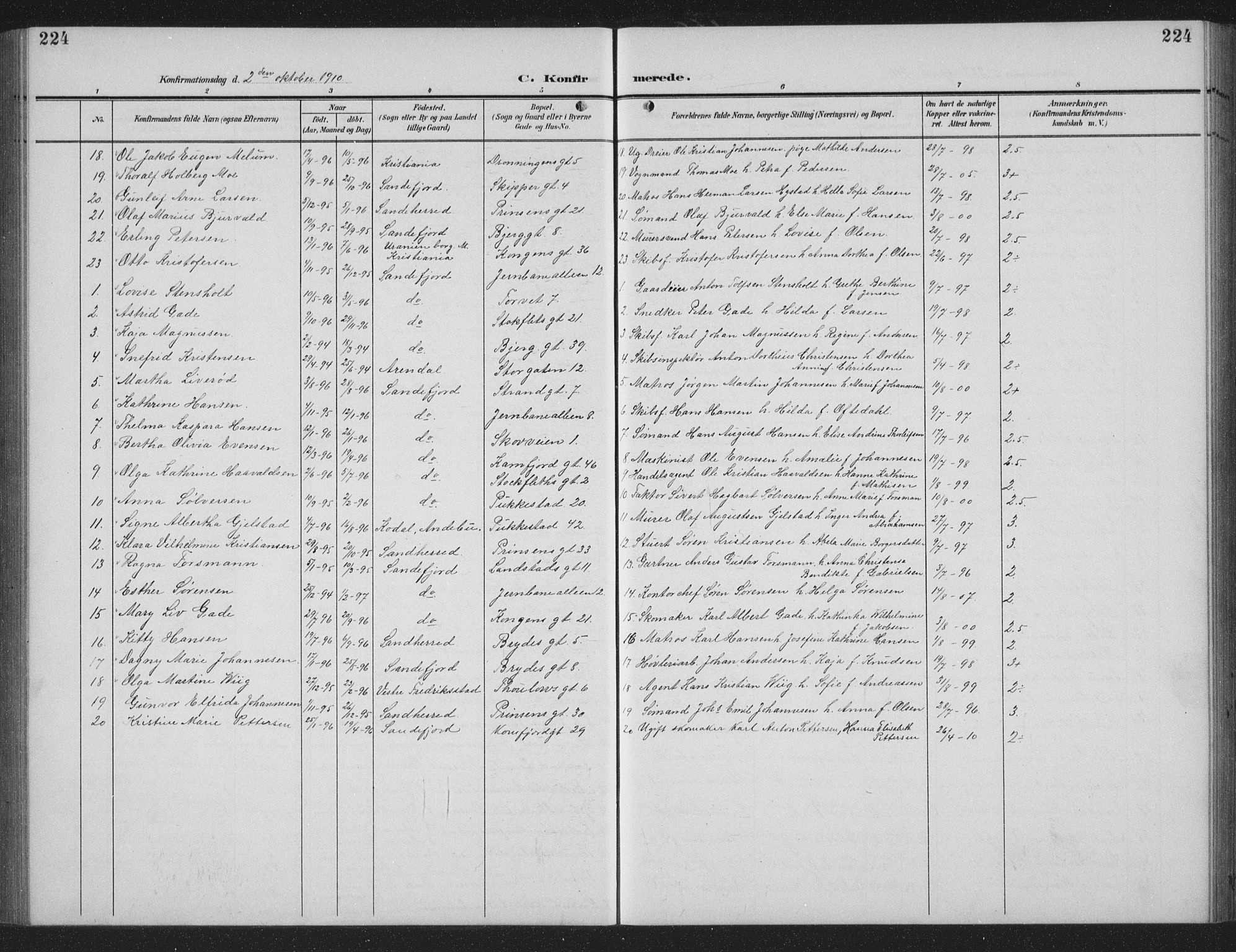 Sandefjord kirkebøker, AV/SAKO-A-315/G/Ga/L0003: Klokkerbok nr. 3, 1903-1920, s. 224