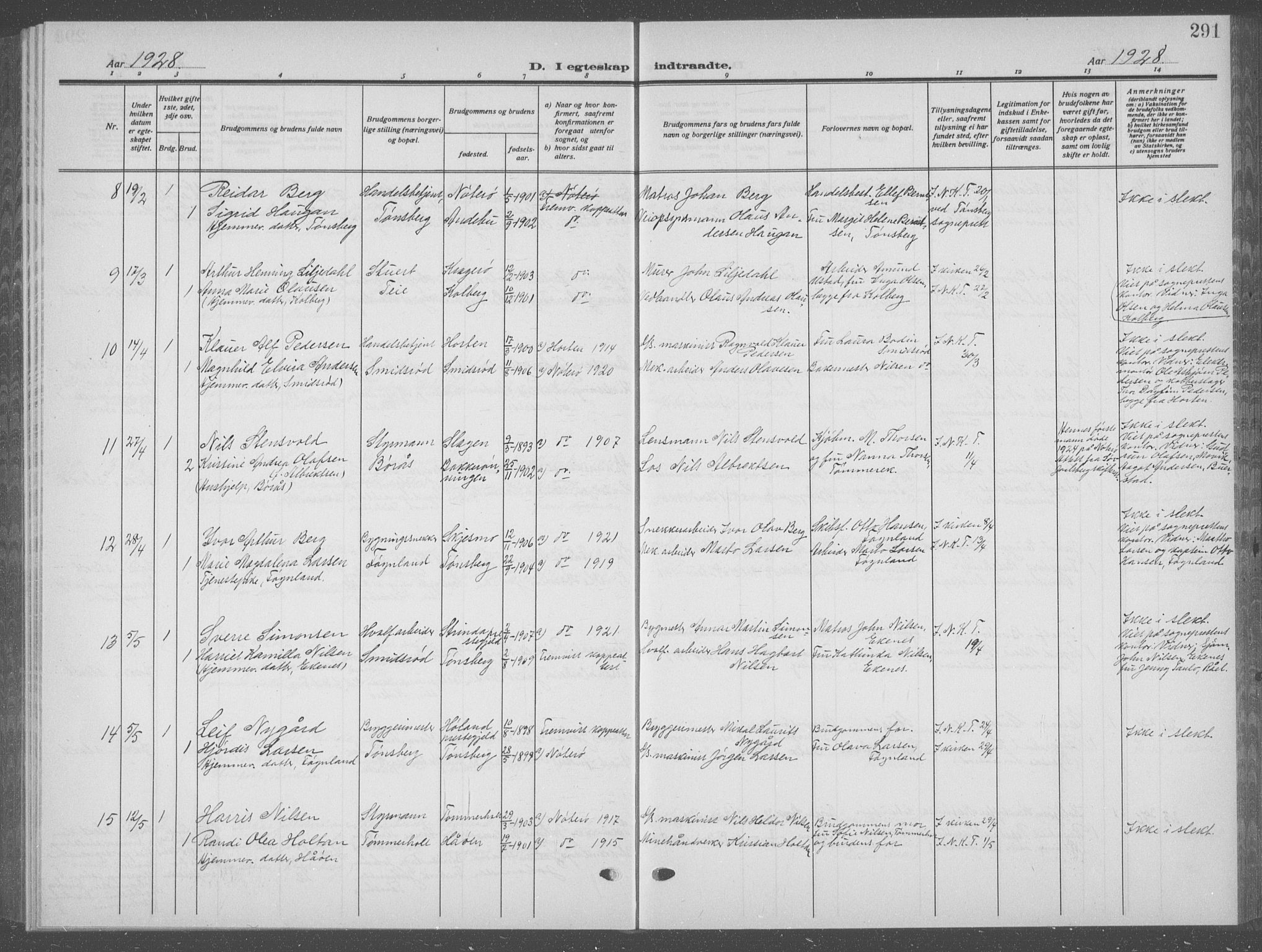 Nøtterøy kirkebøker, AV/SAKO-A-354/G/Ga/L0006: Klokkerbok nr. I 6, 1925-1939, s. 291