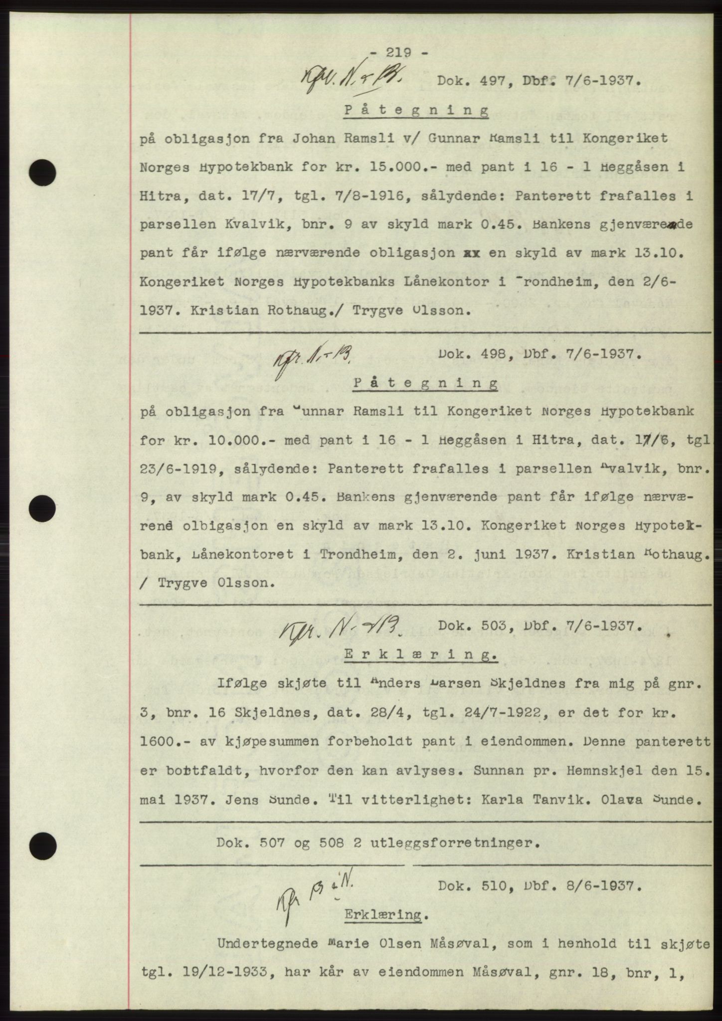 Hitra sorenskriveri, AV/SAT-A-0018/2/2C/2Ca: Pantebok nr. C1, 1936-1945, Dagboknr: 497/1937