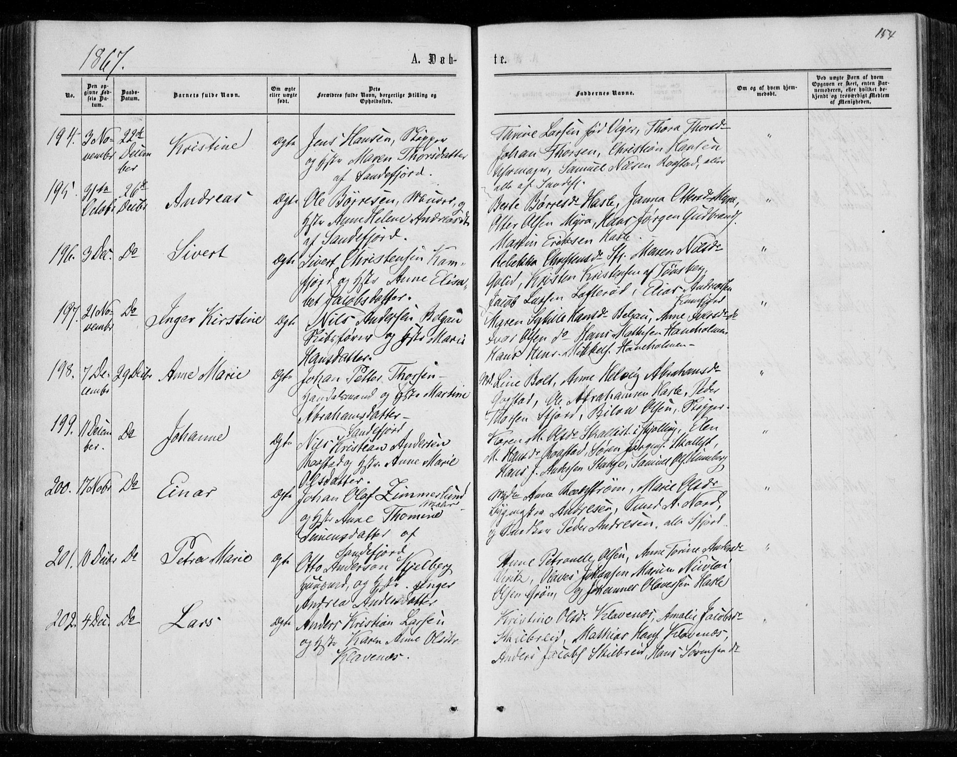Sandar kirkebøker, AV/SAKO-A-243/F/Fa/L0008: Ministerialbok nr. 8, 1862-1871, s. 154