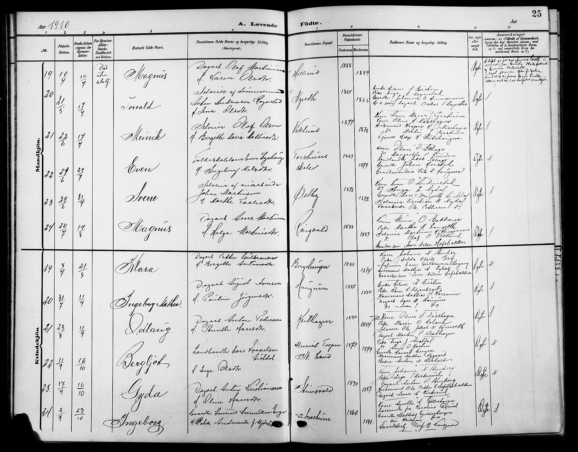 Biri prestekontor, AV/SAH-PREST-096/H/Ha/Hab/L0005: Klokkerbok nr. 5, 1906-1919, s. 25