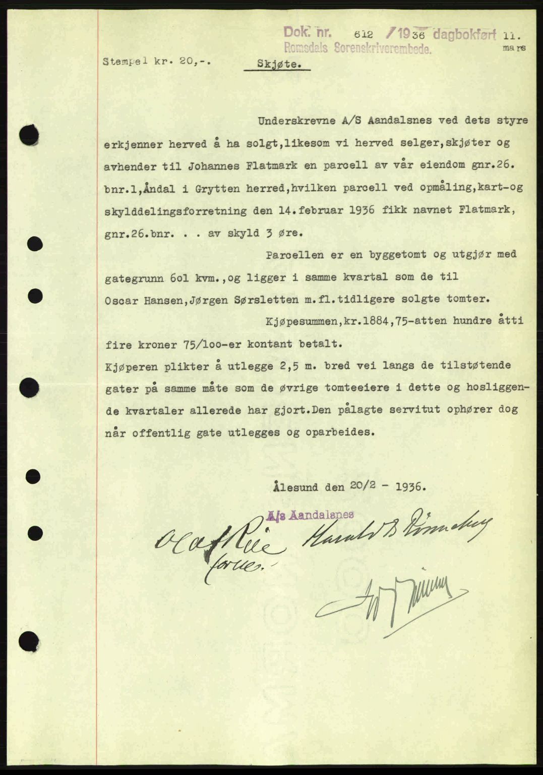 Romsdal sorenskriveri, SAT/A-4149/1/2/2C: Pantebok nr. A1, 1936-1936, Dagboknr: 612/1936