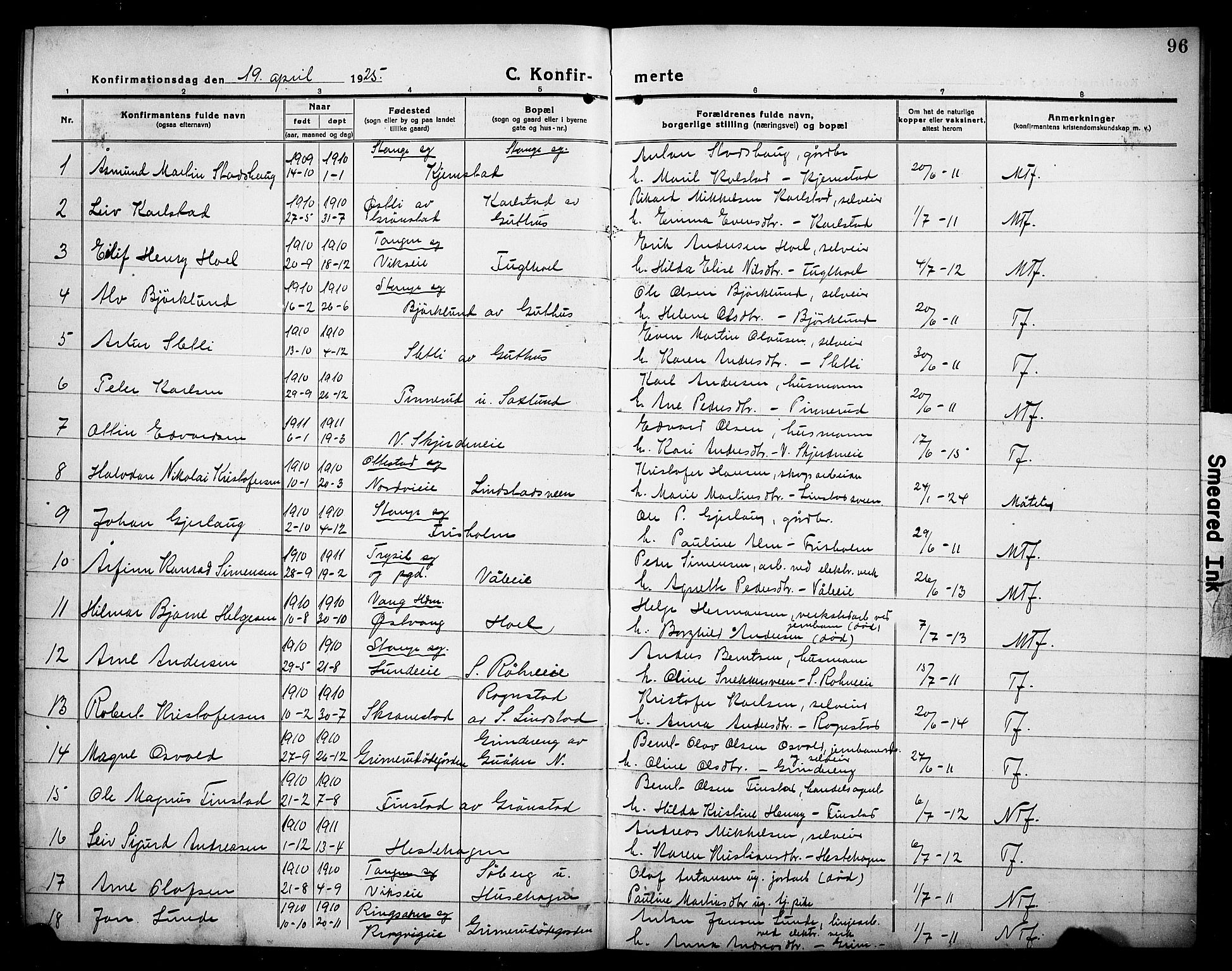 Stange prestekontor, AV/SAH-PREST-002/L/L0016: Klokkerbok nr. 16, 1918-1928, s. 96