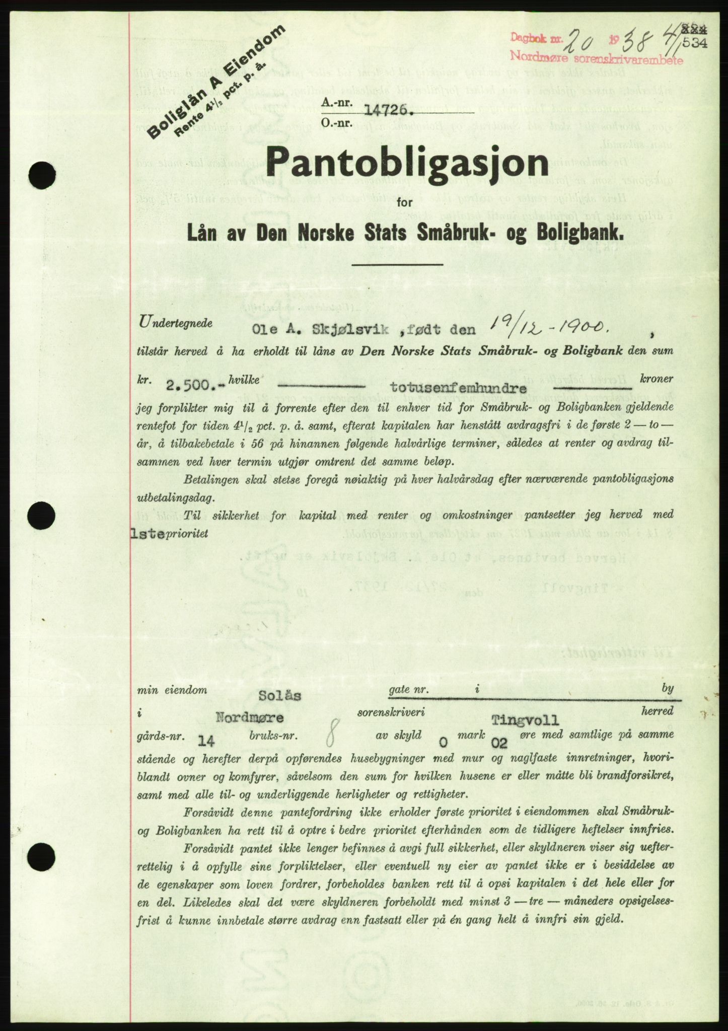 Nordmøre sorenskriveri, AV/SAT-A-4132/1/2/2Ca/L0092: Pantebok nr. B82, 1937-1938, Dagboknr: 20/1938