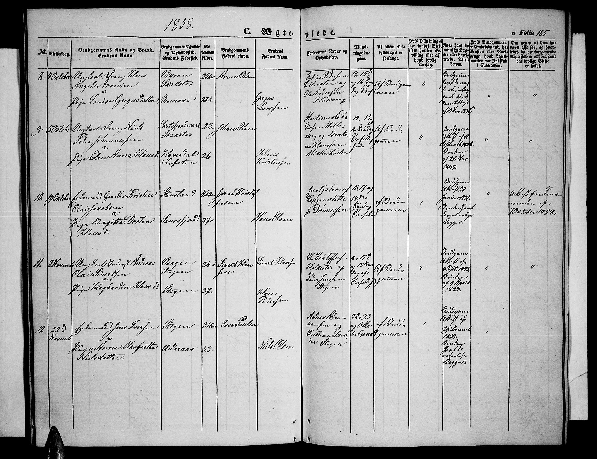 Ministerialprotokoller, klokkerbøker og fødselsregistre - Nordland, AV/SAT-A-1459/855/L0814: Klokkerbok nr. 855C03, 1851-1864, s. 185