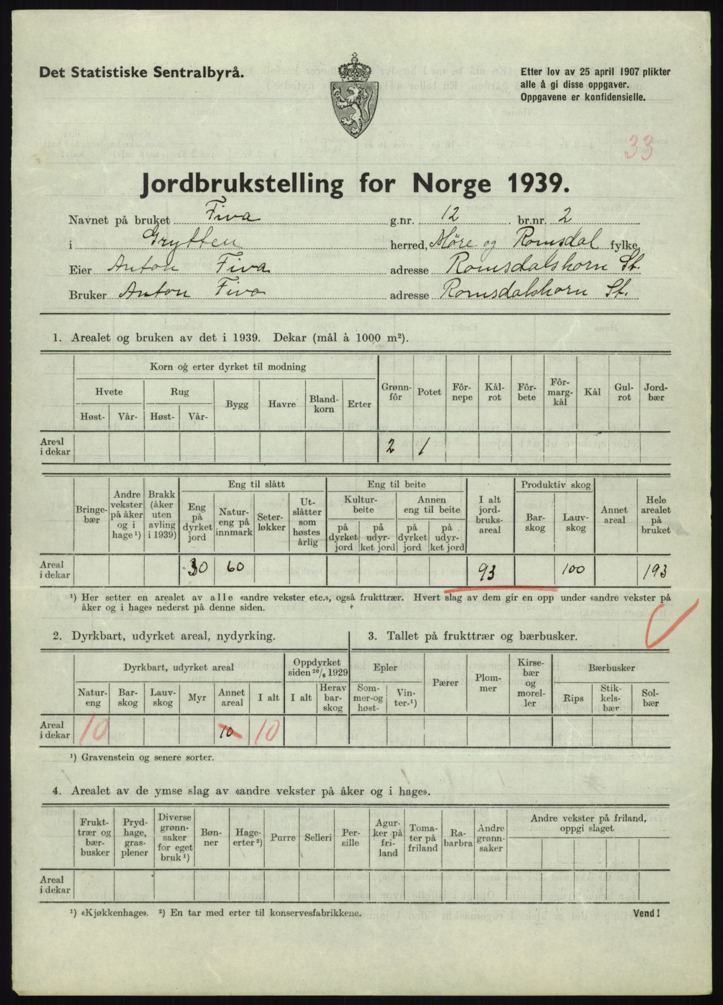 Statistisk sentralbyrå, Næringsøkonomiske emner, Jordbruk, skogbruk, jakt, fiske og fangst, AV/RA-S-2234/G/Gb/L0251: Møre og Romsdal: Voll, Eid, Grytten og Hen, 1939, s. 849