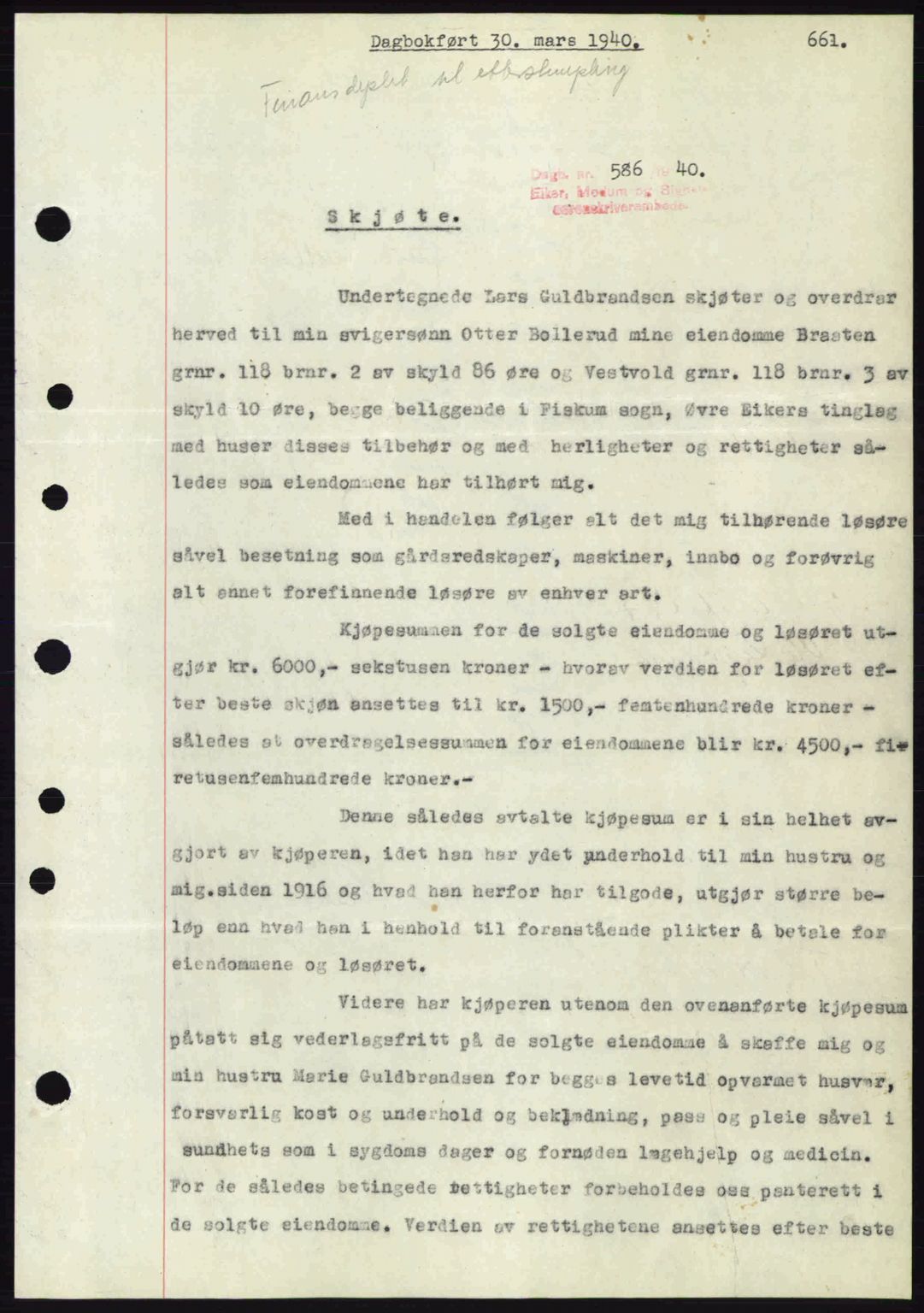 Eiker, Modum og Sigdal sorenskriveri, SAKO/A-123/G/Ga/Gab/L0041: Pantebok nr. A11, 1939-1940, Dagboknr: 586/1940