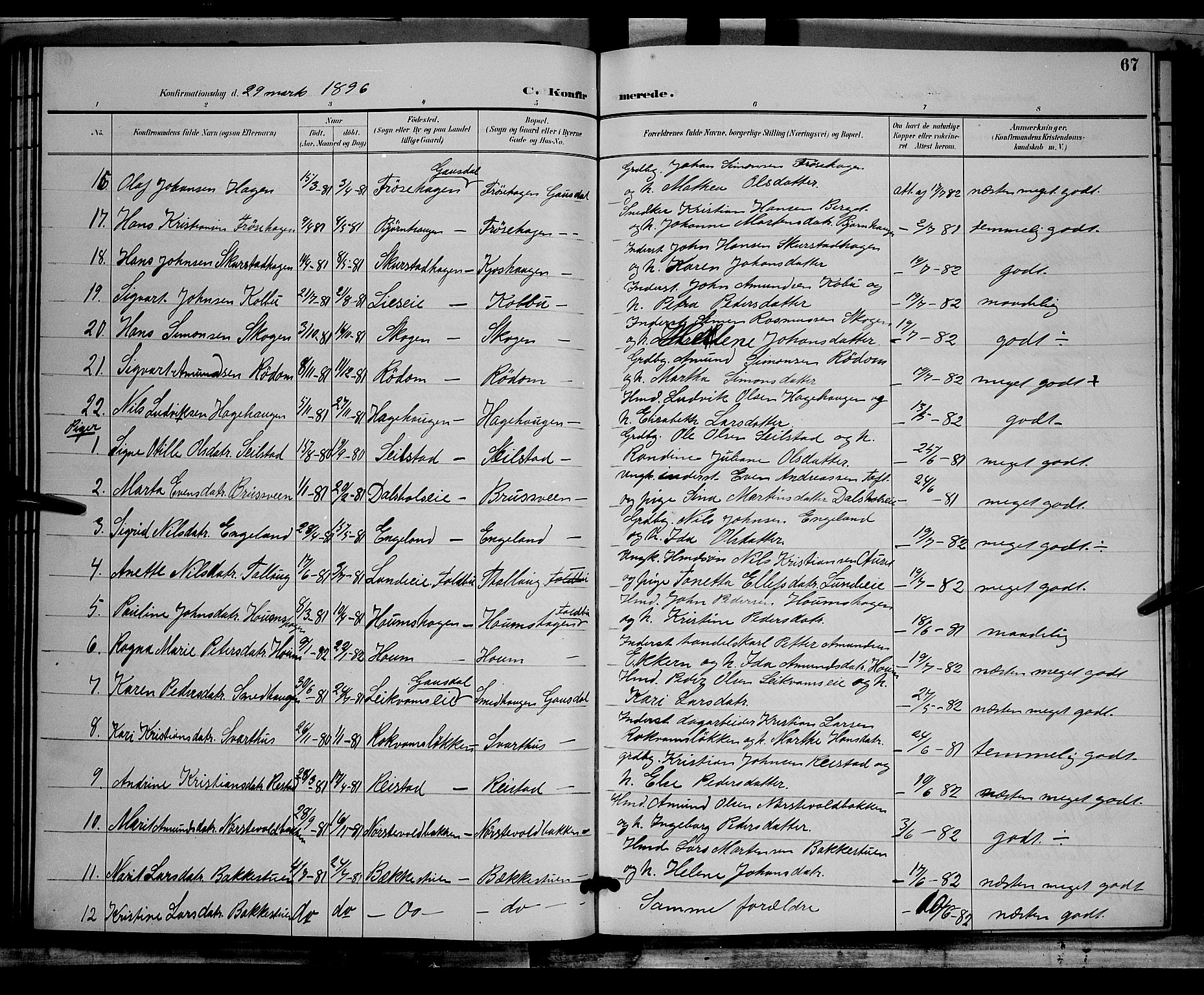 Østre Gausdal prestekontor, AV/SAH-PREST-092/H/Ha/Hab/L0002: Klokkerbok nr. 2, 1894-1904, s. 67