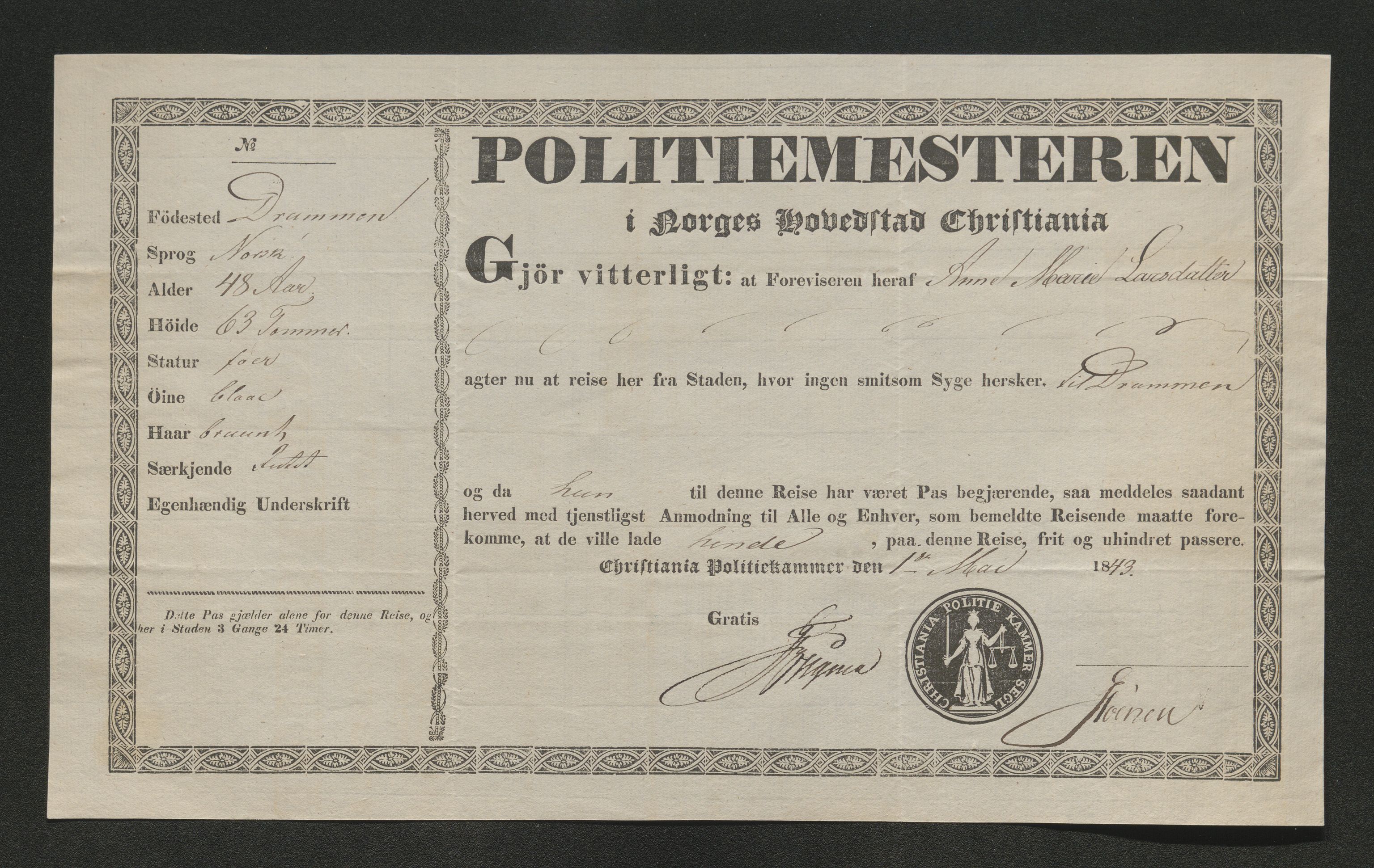 Drammen politikammer, AV/SAKO-A-623/I/Ia/Iab/L0007: Innleverte pass, 1843-1844, s. 121