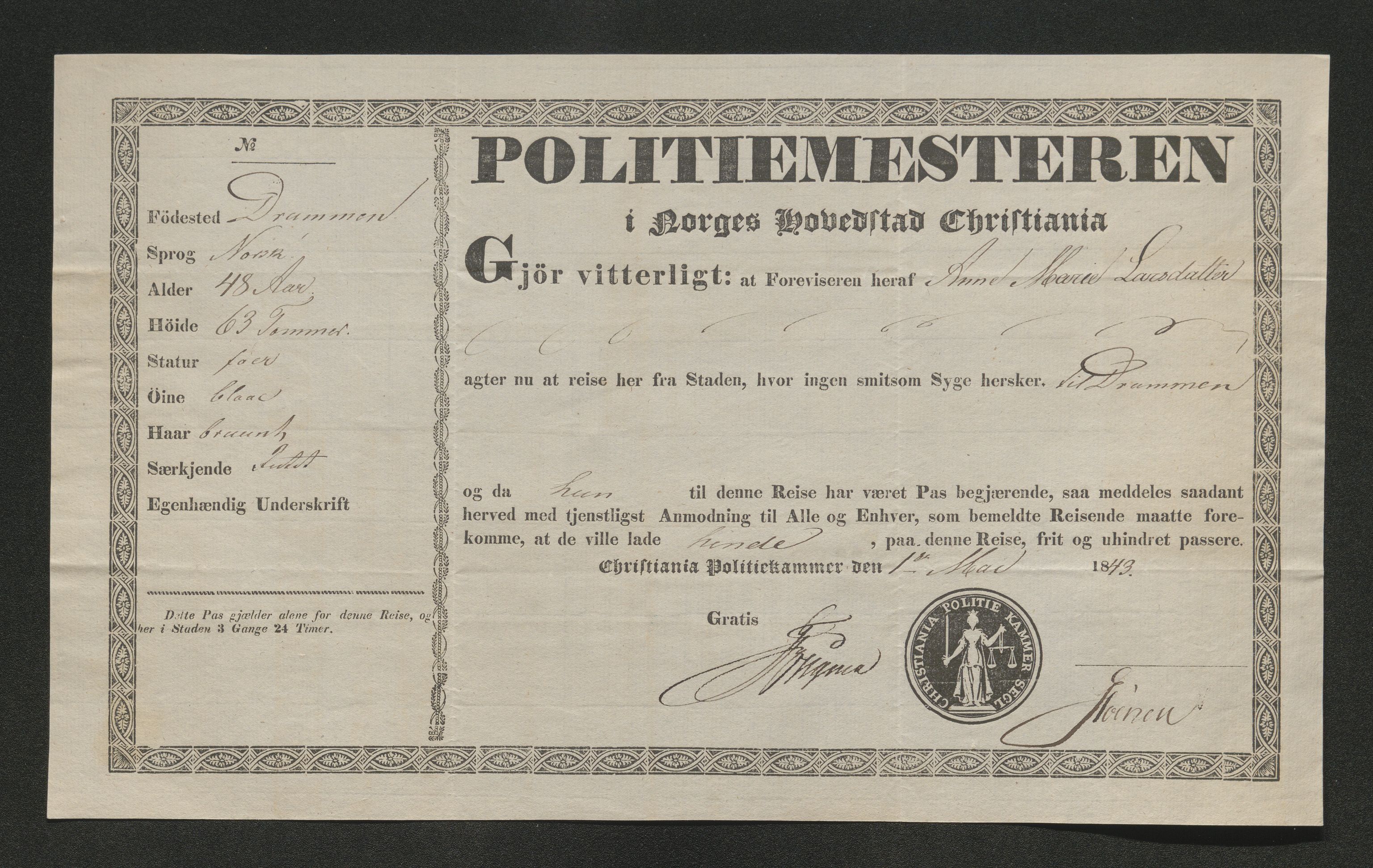 Drammen politikammer, SAKO/A-623/I/Ia/Iab/L0007: Innleverte pass, 1843-1844, s. 121