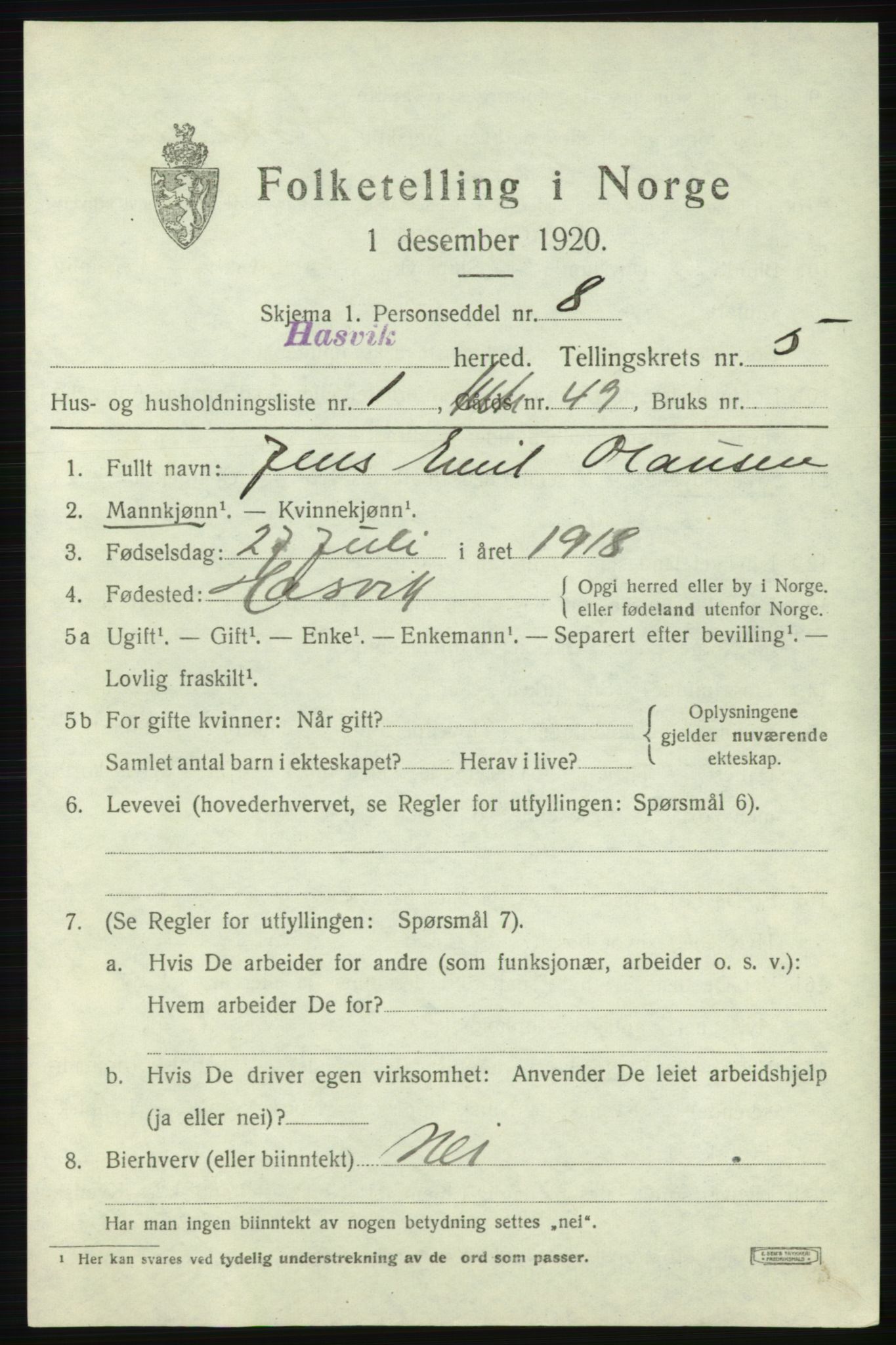 SATØ, Folketelling 1920 for 2015 Hasvik herred, 1920, s. 2321