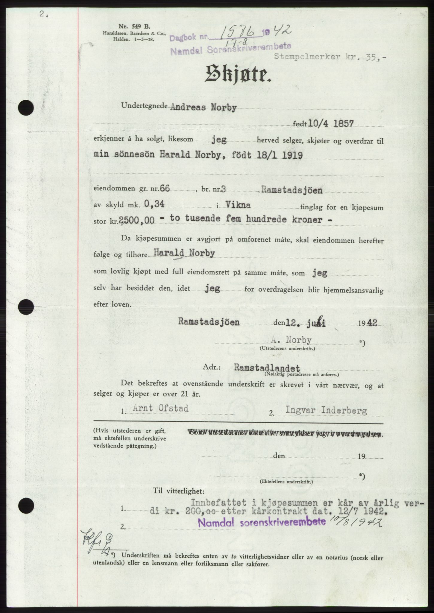 Namdal sorenskriveri, SAT/A-4133/1/2/2C: Pantebok nr. -, 1942-1943, Dagboknr: 1576/1942
