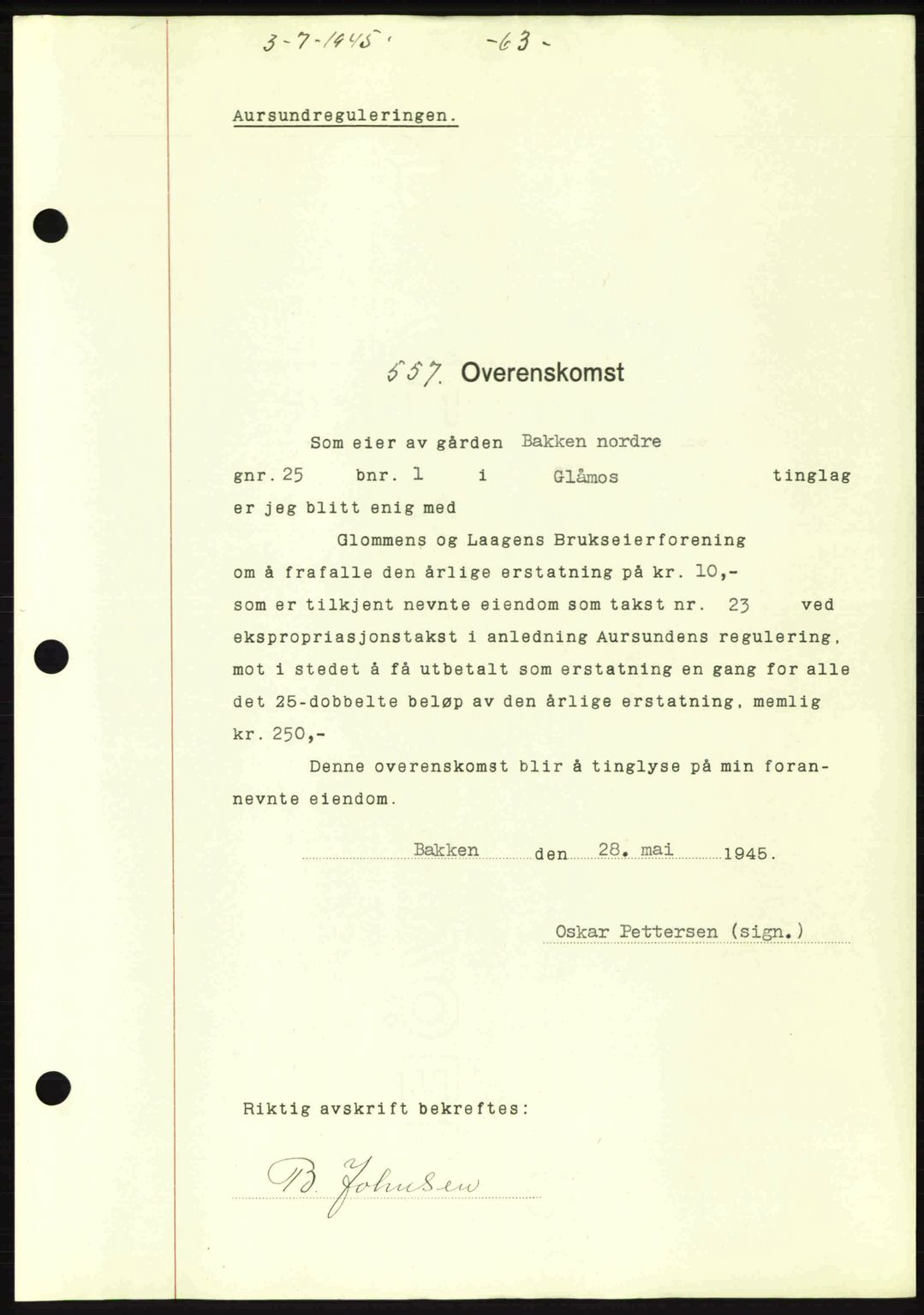 Gauldal sorenskriveri, SAT/A-0014/1/2/2C: Pantebok nr. A1a, 1945-1945, Dagboknr: 557/1945