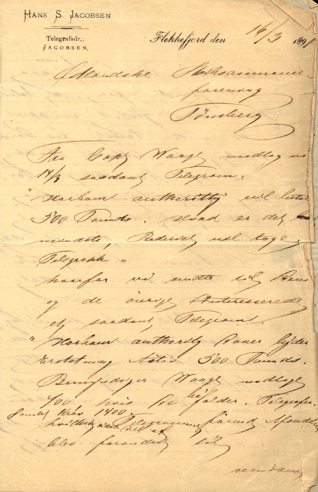 Pa 63 - Østlandske skibsassuranceforening, VEMU/A-1079/G/Ga/L0027/0001: Havaridokumenter / Magnolia, Kong Carl, Louise, Lindsay, Activ av Flekkefjord, 1891, s. 52