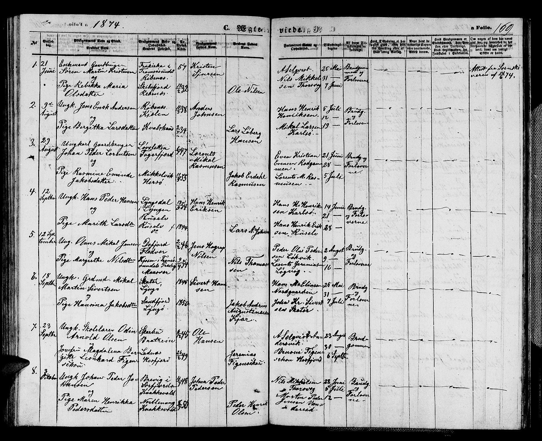 Karlsøy sokneprestembete, AV/SATØ-S-1299/H/Ha/Hab/L0003klokker: Klokkerbok nr. 3, 1862-1877, s. 169