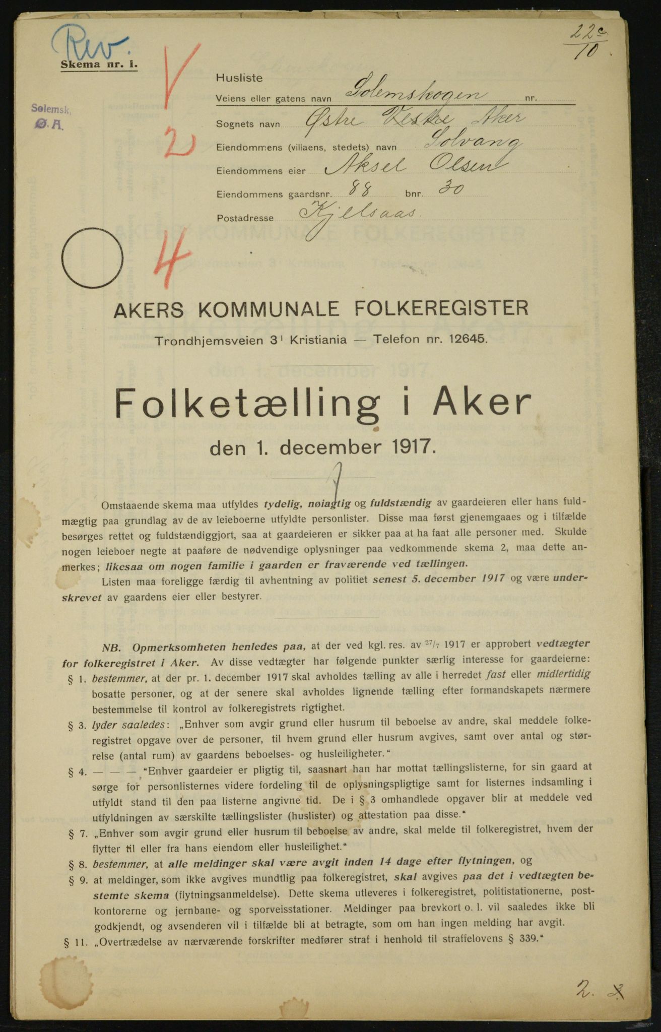 OBA, Kommunal folketelling 1.12.1917 for Aker, 1917, s. 14010