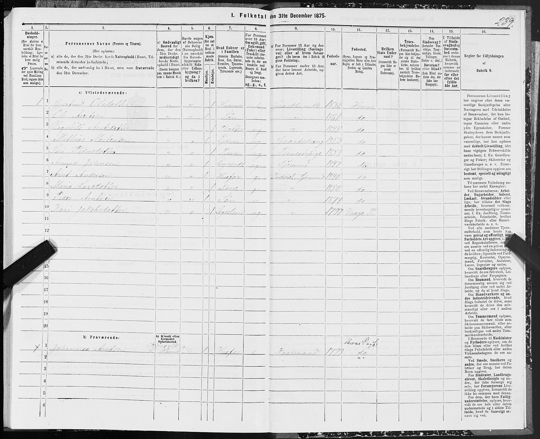 SAT, Folketelling 1875 for 1612P Hemne prestegjeld, 1875, s. 1239