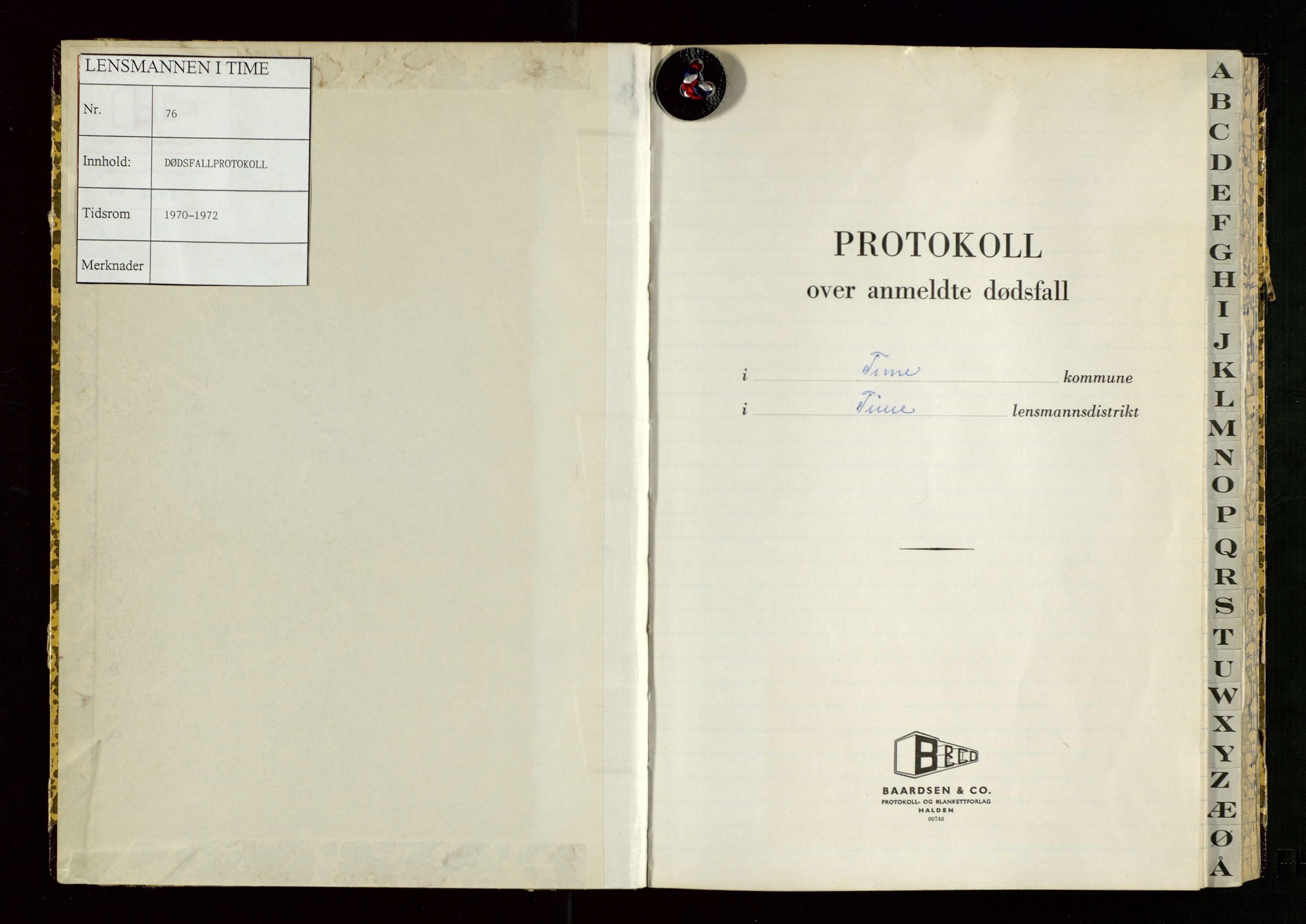 Time lensmannskontor, AV/SAST-A-100420/Gga/L0006: "Dødsfallprotokoll" m/alfabetisk register, 1970-1972