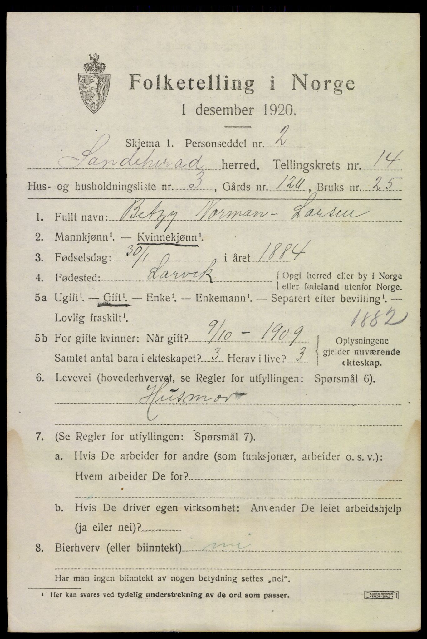 SAKO, Folketelling 1920 for 0724 Sandeherred herred, 1920, s. 20212