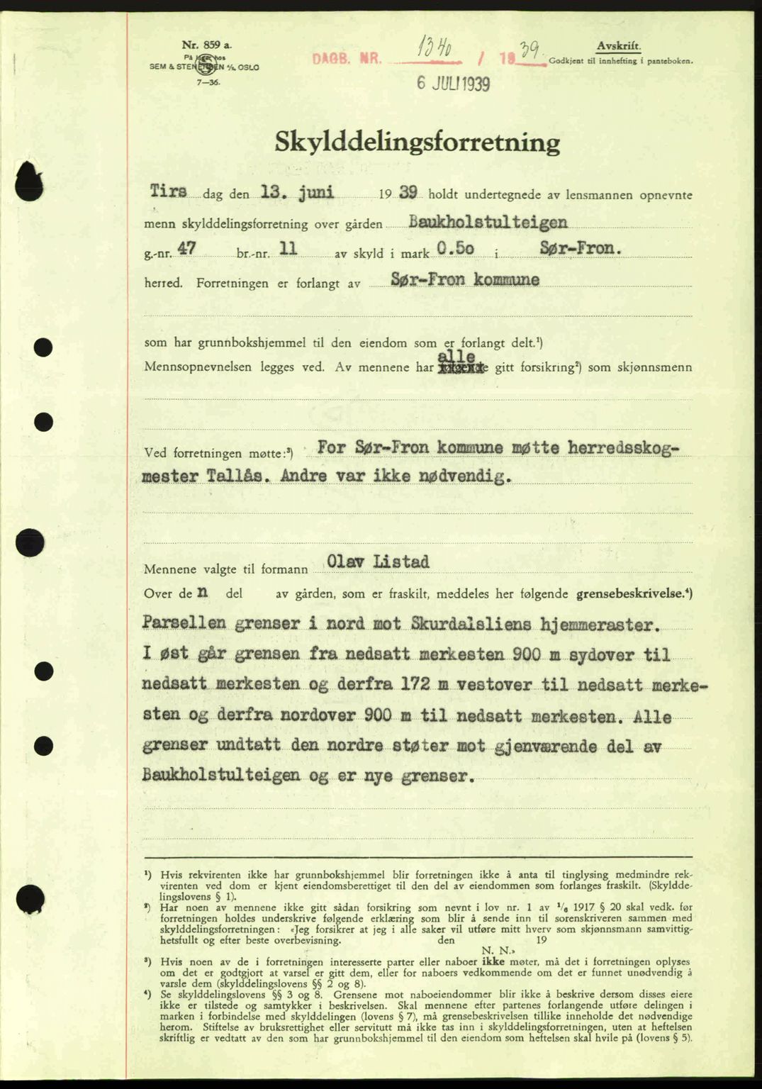 Sør-Gudbrandsdal tingrett, SAH/TING-004/H/Hb/Hbd/L0006: Pantebok nr. A6, 1939-1939, Dagboknr: 1340/1939