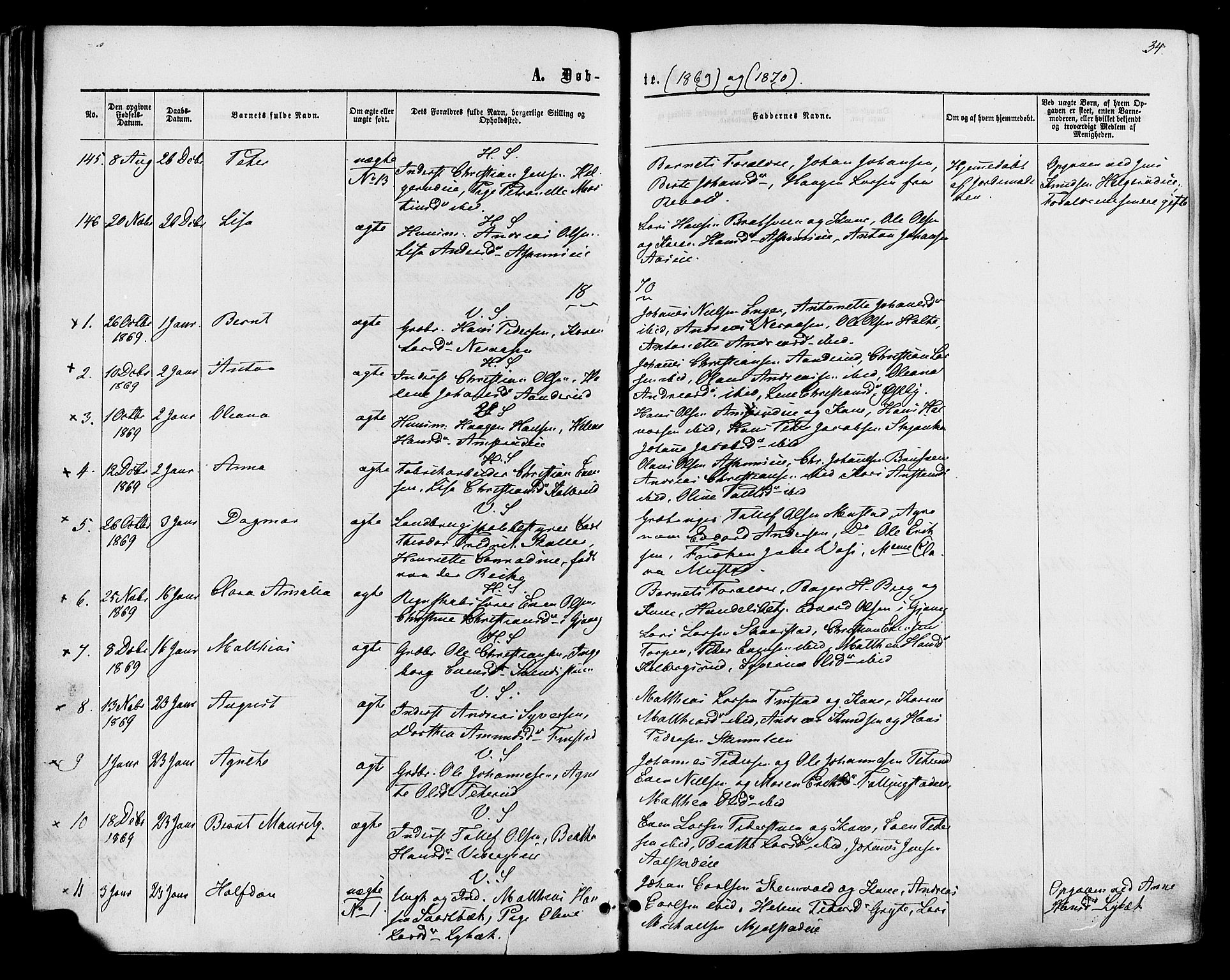 Vardal prestekontor, AV/SAH-PREST-100/H/Ha/Haa/L0007: Ministerialbok nr. 7, 1867-1878, s. 34