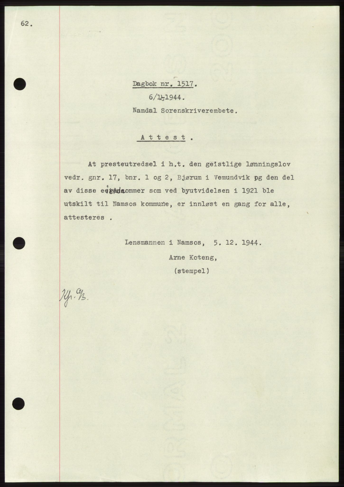 Namdal sorenskriveri, SAT/A-4133/1/2/2C: Pantebok nr. -, 1944-1945, Dagboknr: 1517/1944