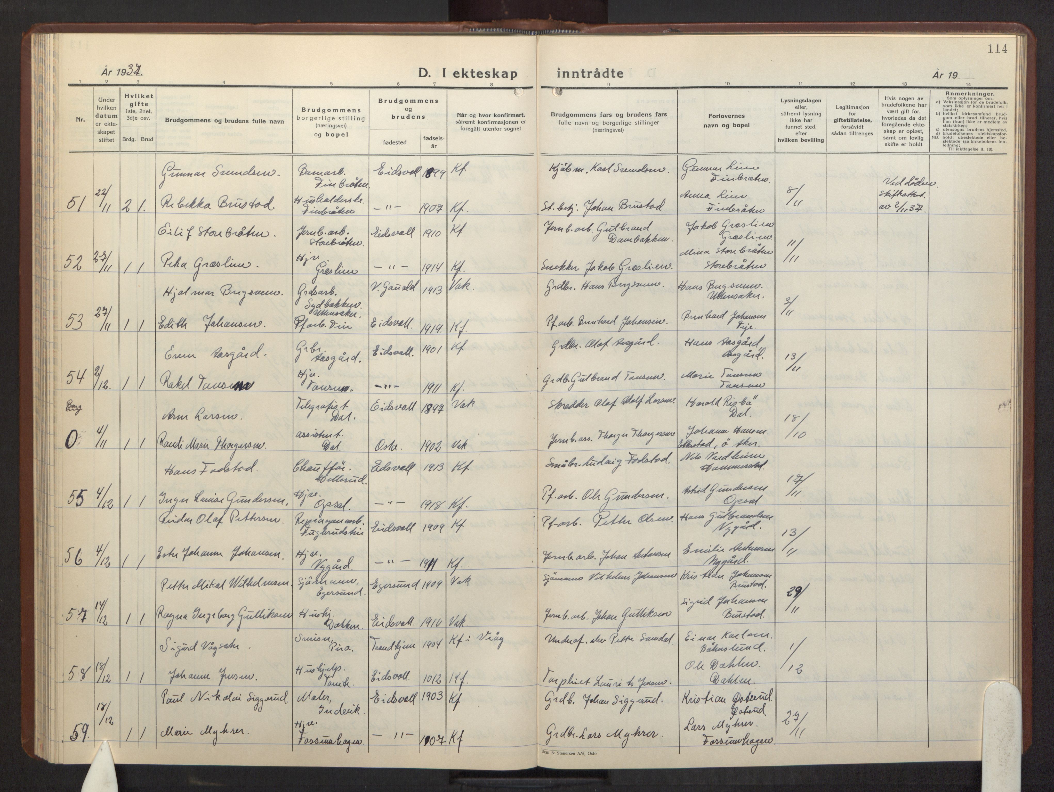 Eidsvoll prestekontor Kirkebøker, AV/SAO-A-10888/G/Ga/L0013: Klokkerbok nr. I 13, 1936-1953, s. 114