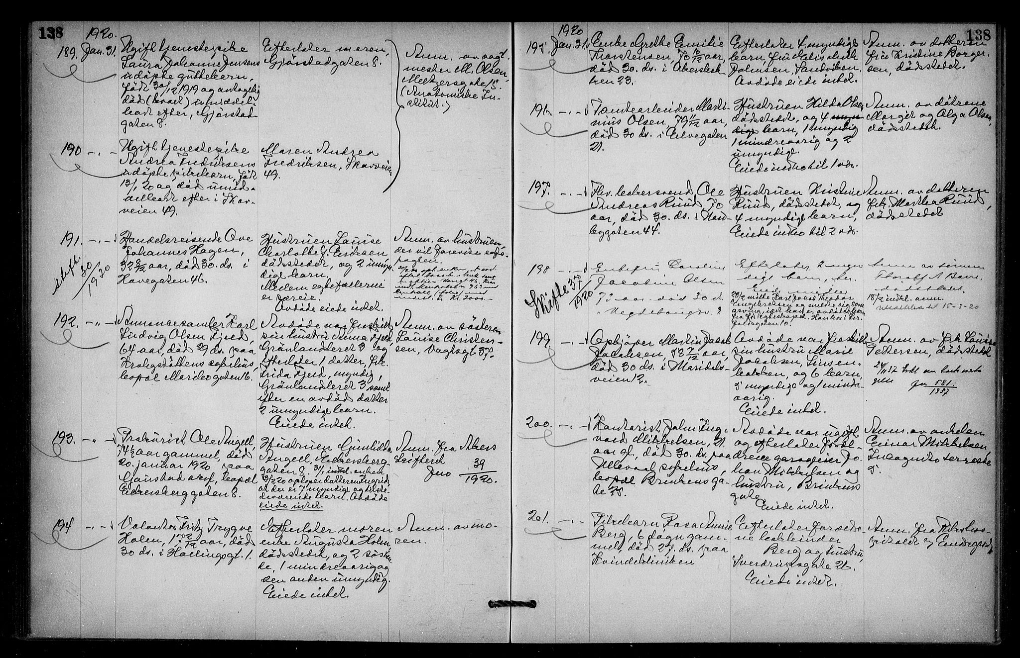 Oslo skifterett, AV/SAO-A-10383/G/Ga/Gac/L0010: Dødsfallsprotokoll, 1919-1921, s. 138