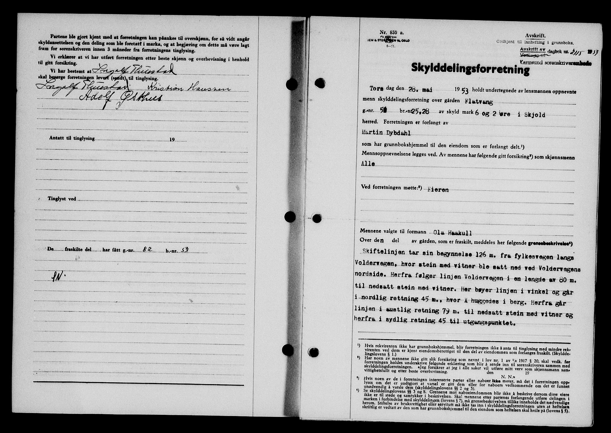 Karmsund sorenskriveri, SAST/A-100311/01/II/IIB/L0109: Pantebok nr. 89A, 1953-1953, Dagboknr: 2115/1953