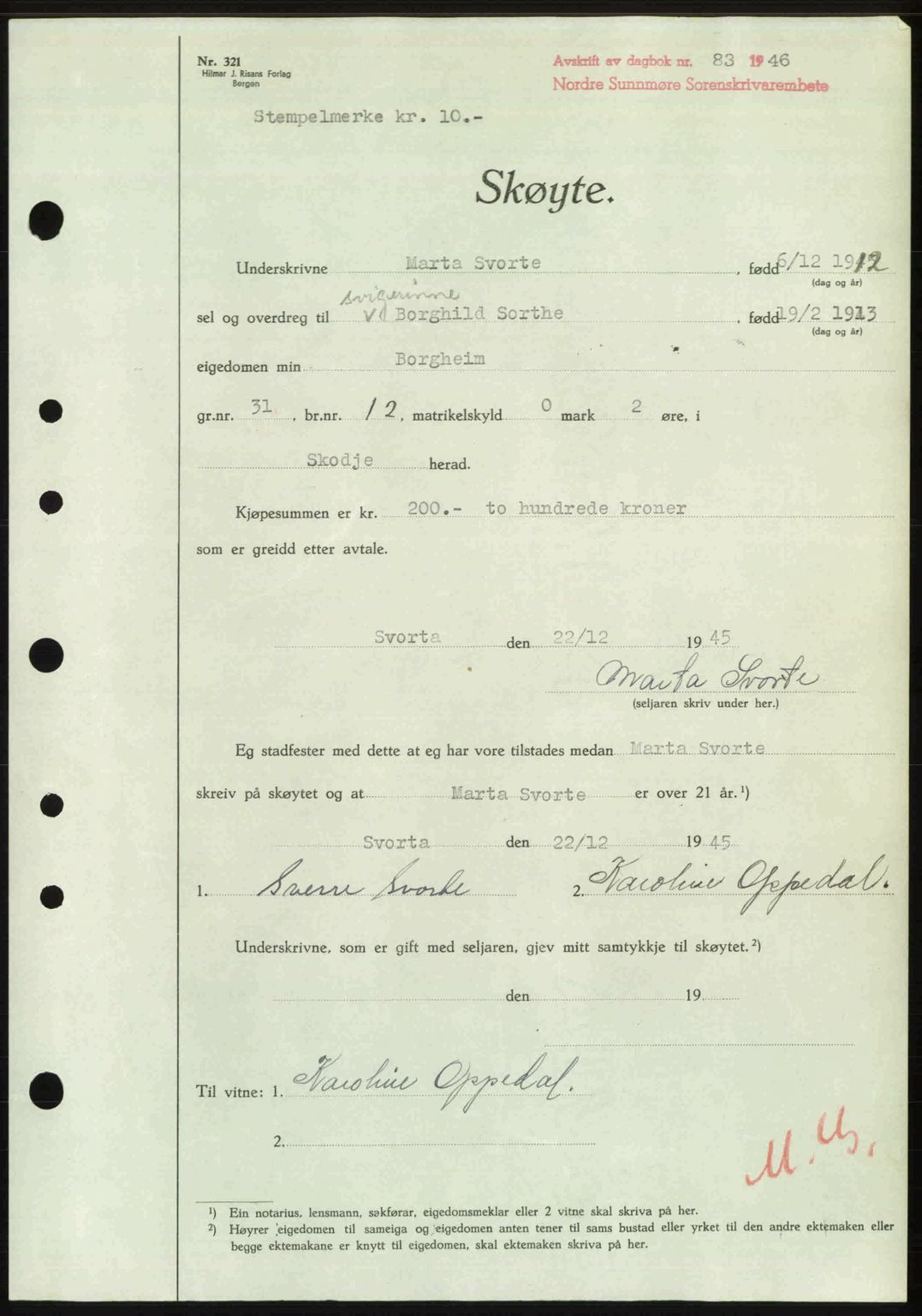 Nordre Sunnmøre sorenskriveri, SAT/A-0006/1/2/2C/2Ca: Pantebok nr. A20b, 1946-1946, Dagboknr: 83/1946