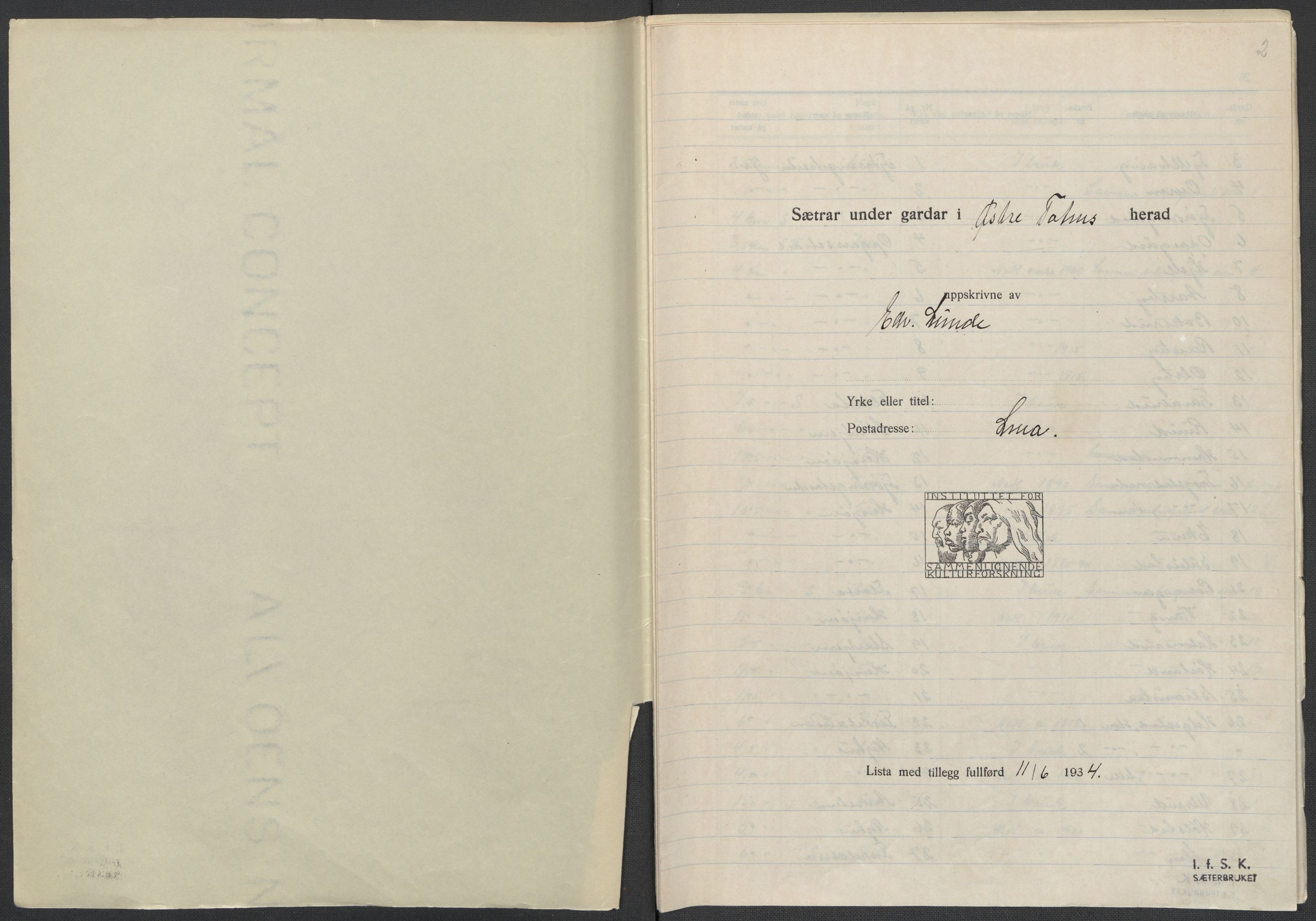 Instituttet for sammenlignende kulturforskning, AV/RA-PA-0424/F/Fc/L0004/0003: Eske B4: / Oppland (perm IX), 1933-1935, s. 2