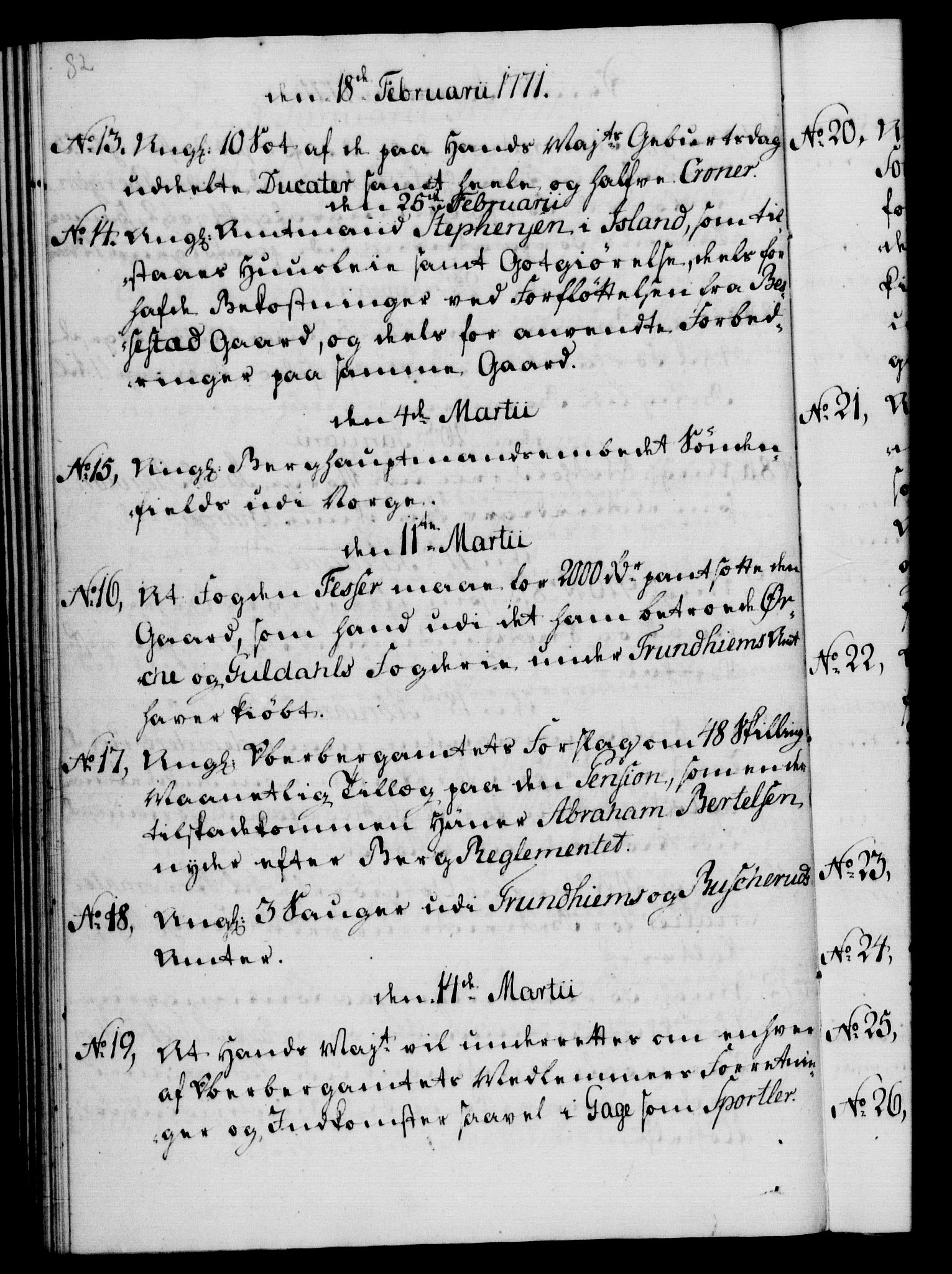 Rentekammeret, Kammerkanselliet, RA/EA-3111/G/Gf/Gfb/L0008: Register til norske relasjons- og resolusjonsprotokoller (merket RK 52.103), 1766-1771, s. 82