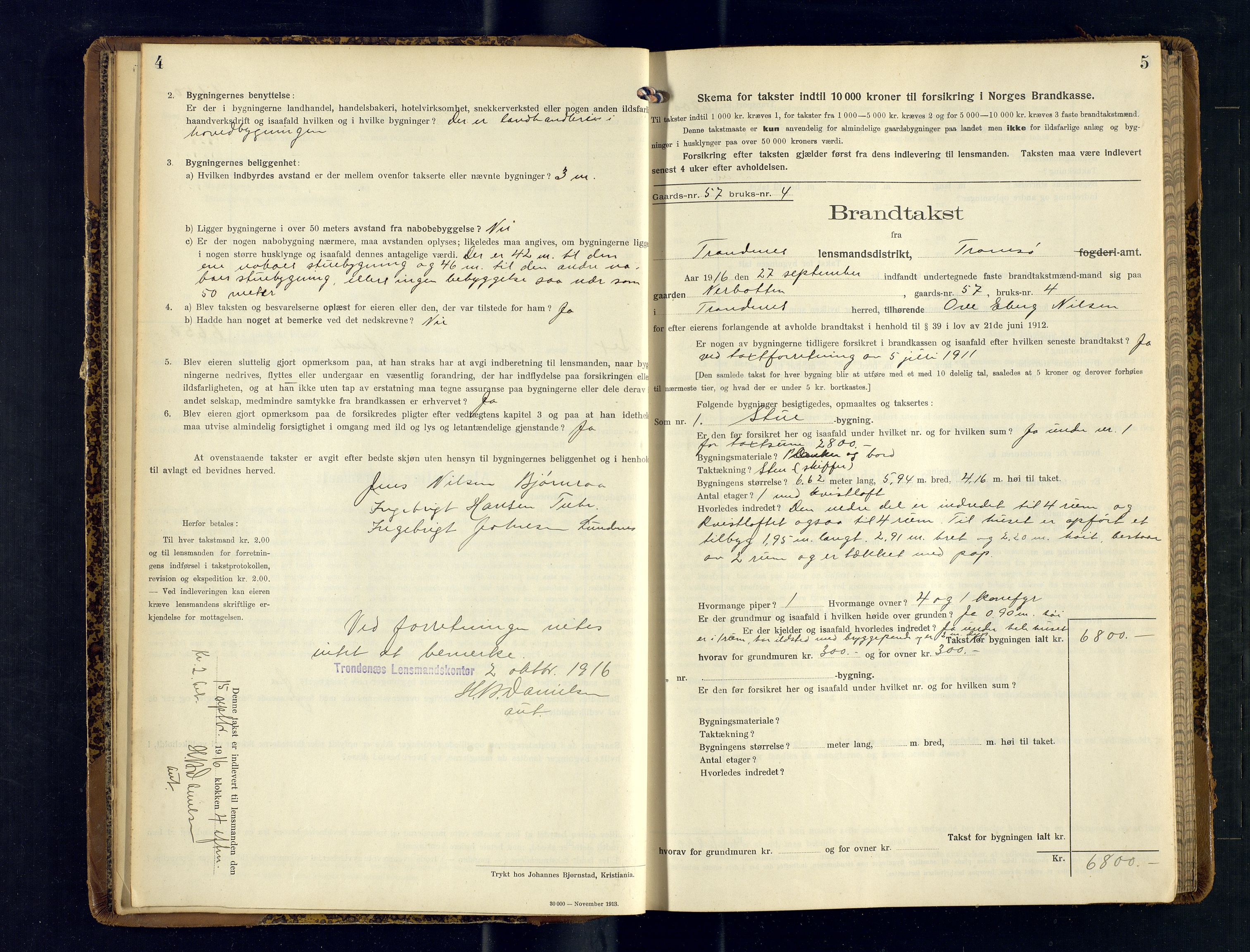 Harstad lensmannskontor, SATØ/SATØ-10/F/Fr/Fra/L0608: Branntakstprotokoll (S). Merket X. Med register, 1916-1918, s. 4-5