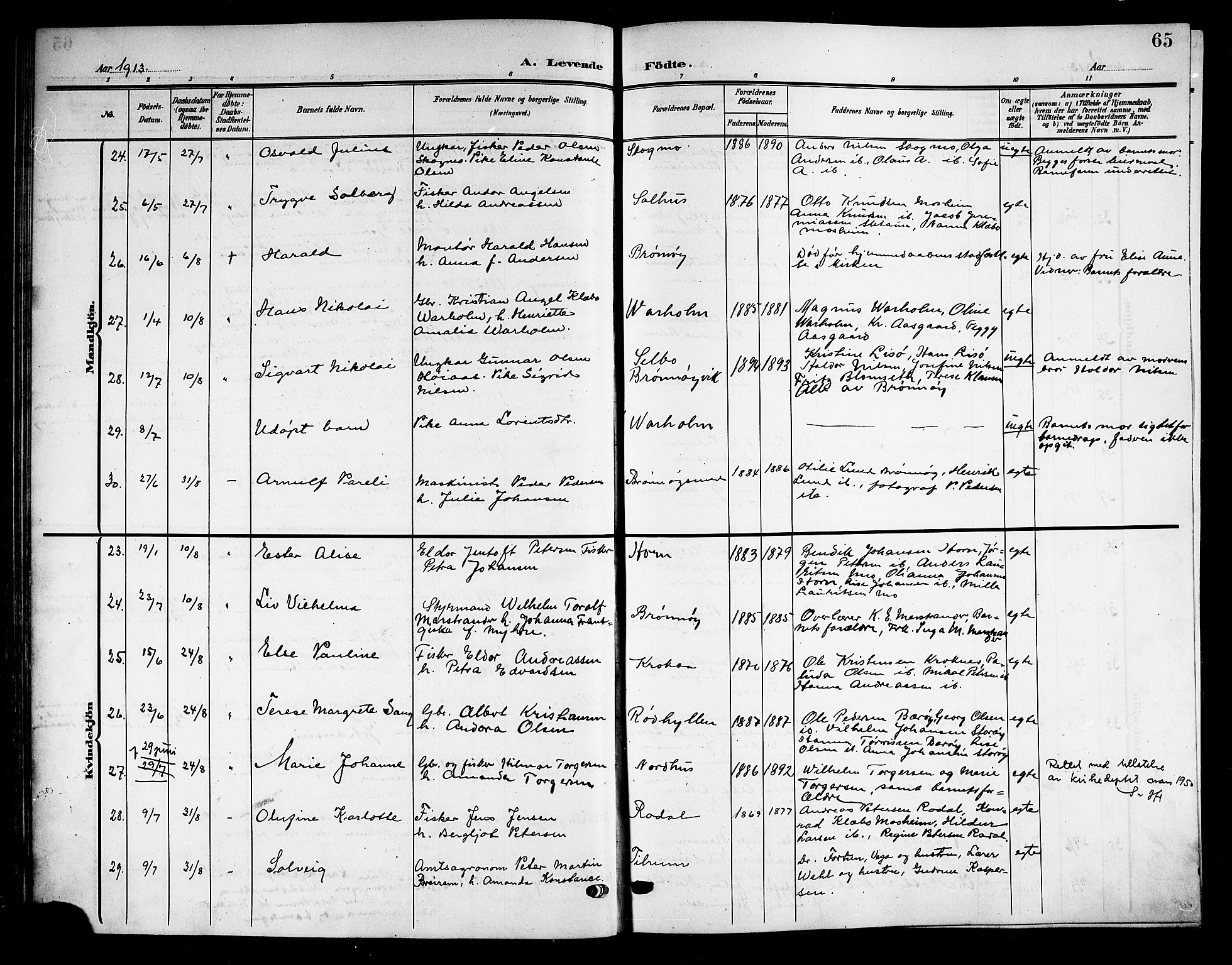 Ministerialprotokoller, klokkerbøker og fødselsregistre - Nordland, AV/SAT-A-1459/813/L0214: Klokkerbok nr. 813C06, 1904-1917, s. 65