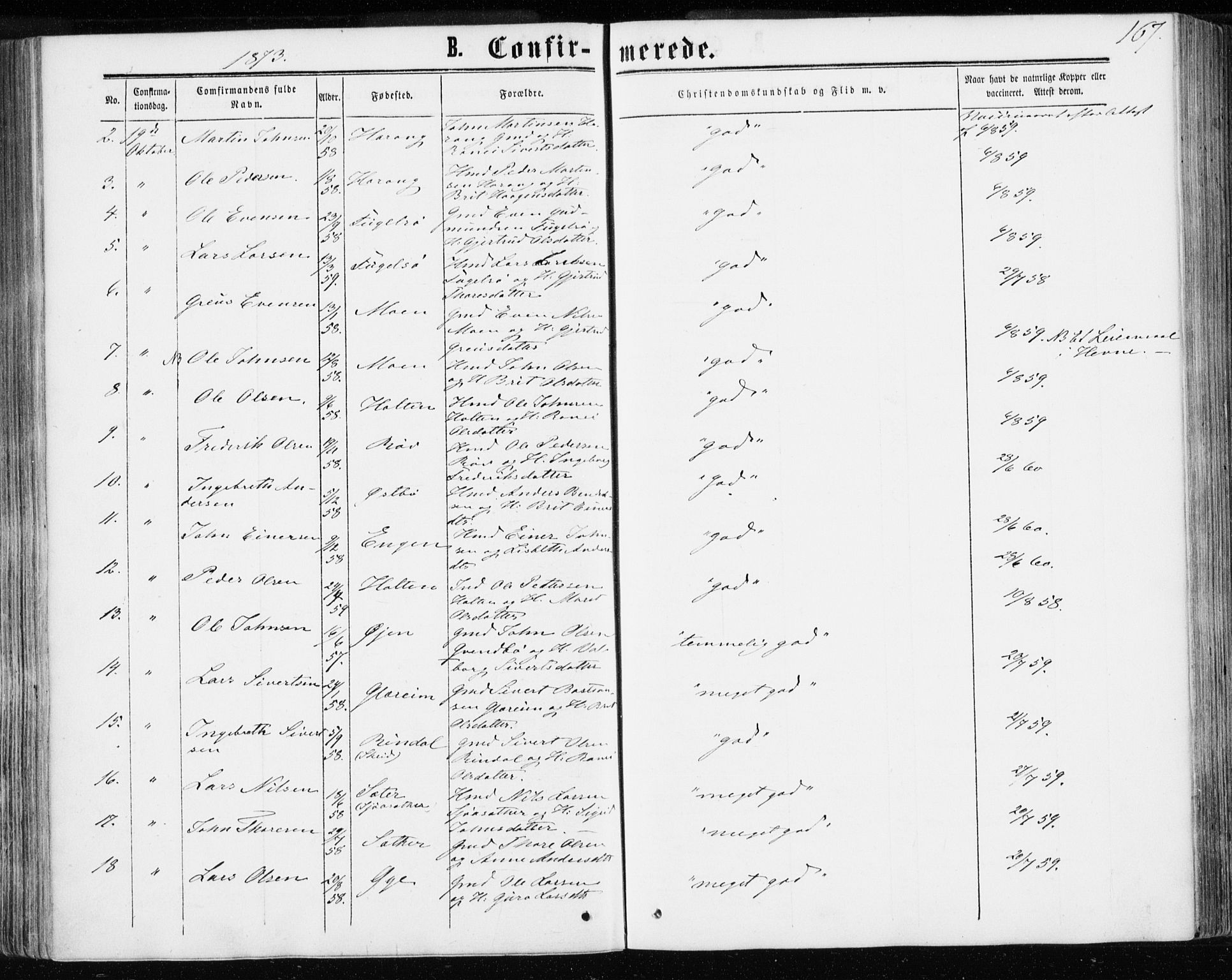 Ministerialprotokoller, klokkerbøker og fødselsregistre - Møre og Romsdal, SAT/A-1454/595/L1045: Ministerialbok nr. 595A07, 1863-1873, s. 167