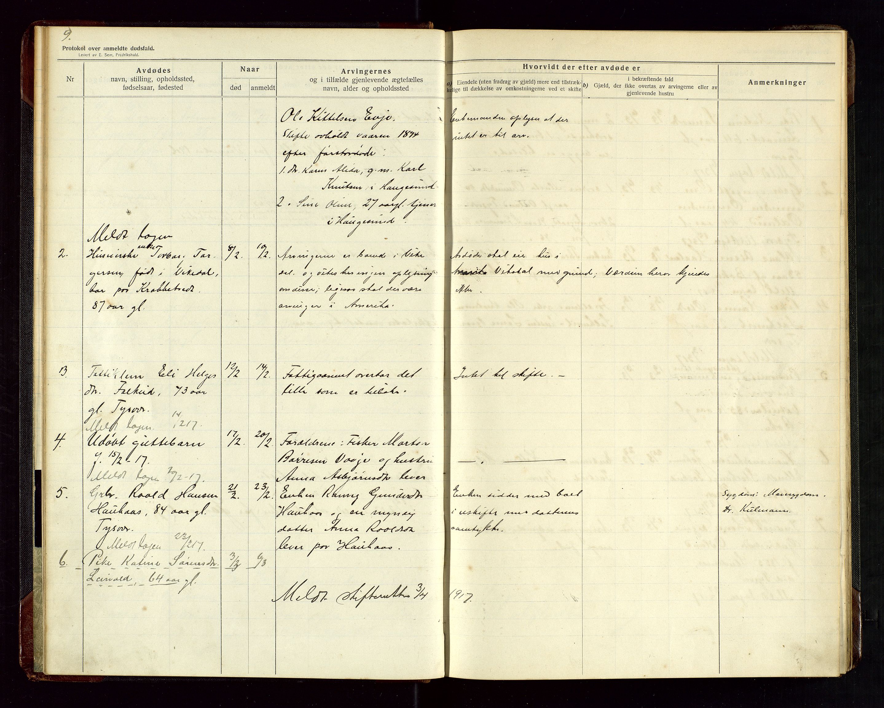 Tysvær lensmannskontor, AV/SAST-A-100192/Gga/L0003: "Protokol over anmeldte dødsfald i Tysvær" med register, 1916-1926, s. 9