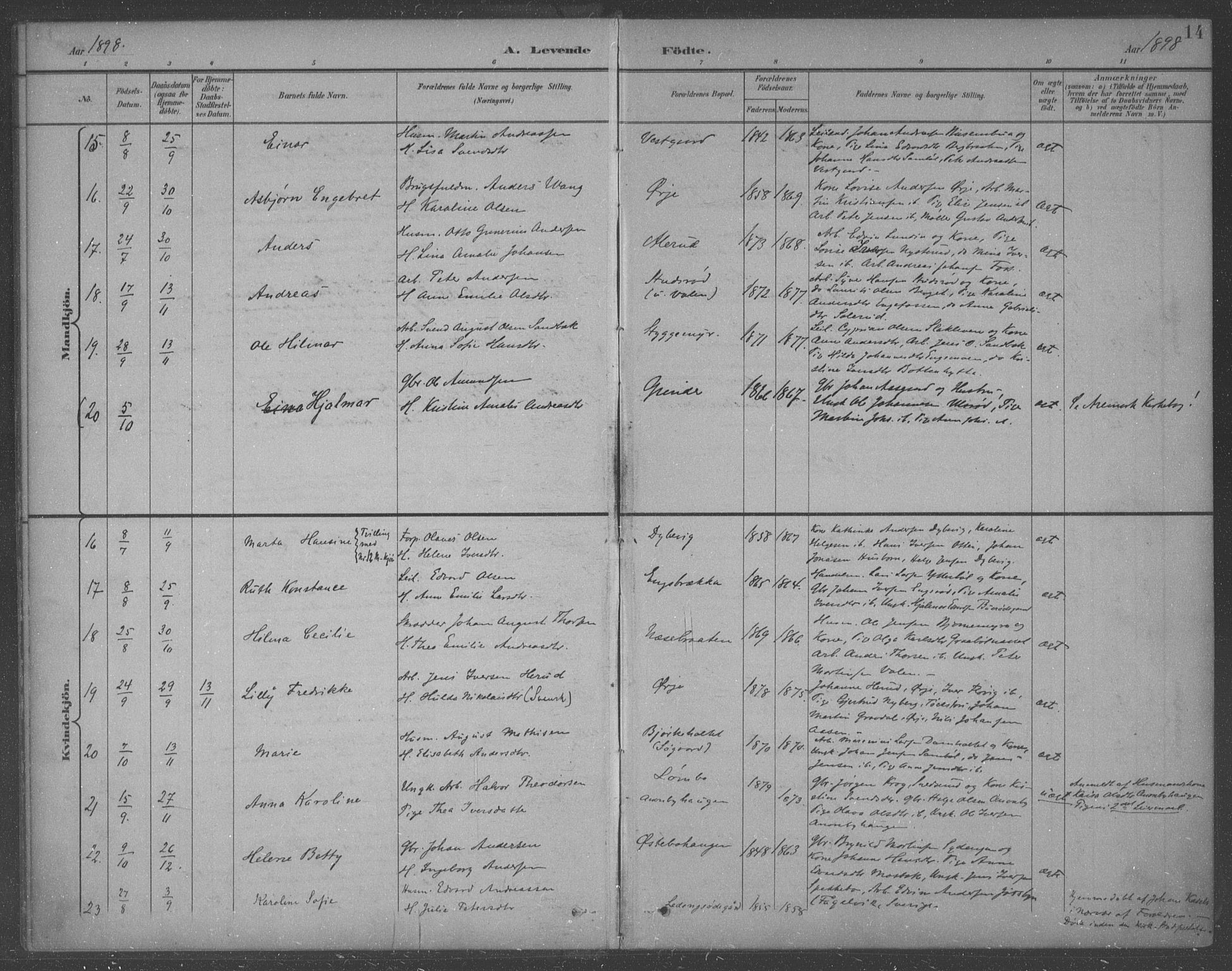 Aremark prestekontor Kirkebøker, AV/SAO-A-10899/F/Fb/L0005: Ministerialbok nr. II 5, 1895-1919, s. 14
