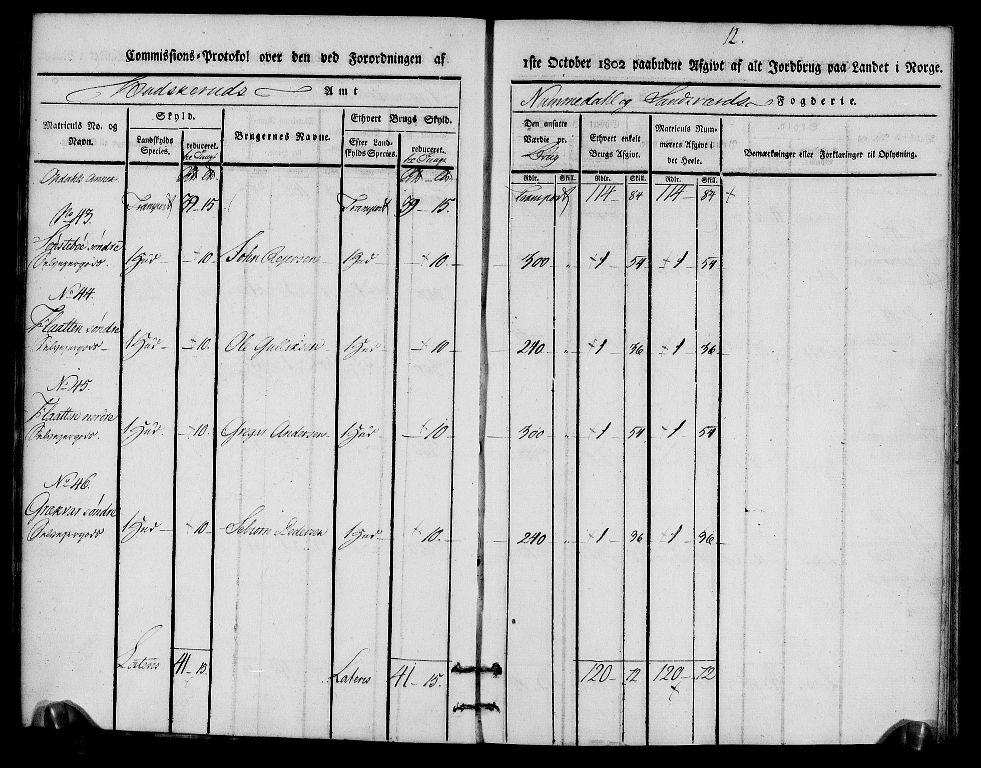 Rentekammeret inntil 1814, Realistisk ordnet avdeling, AV/RA-EA-4070/N/Ne/Nea/L0056b: Numedal og Sandsvær fogderi. Kommisjonsprotokoll over matrikulerte jordbruk i Uvdal og Nore annekser, 1803, s. 12