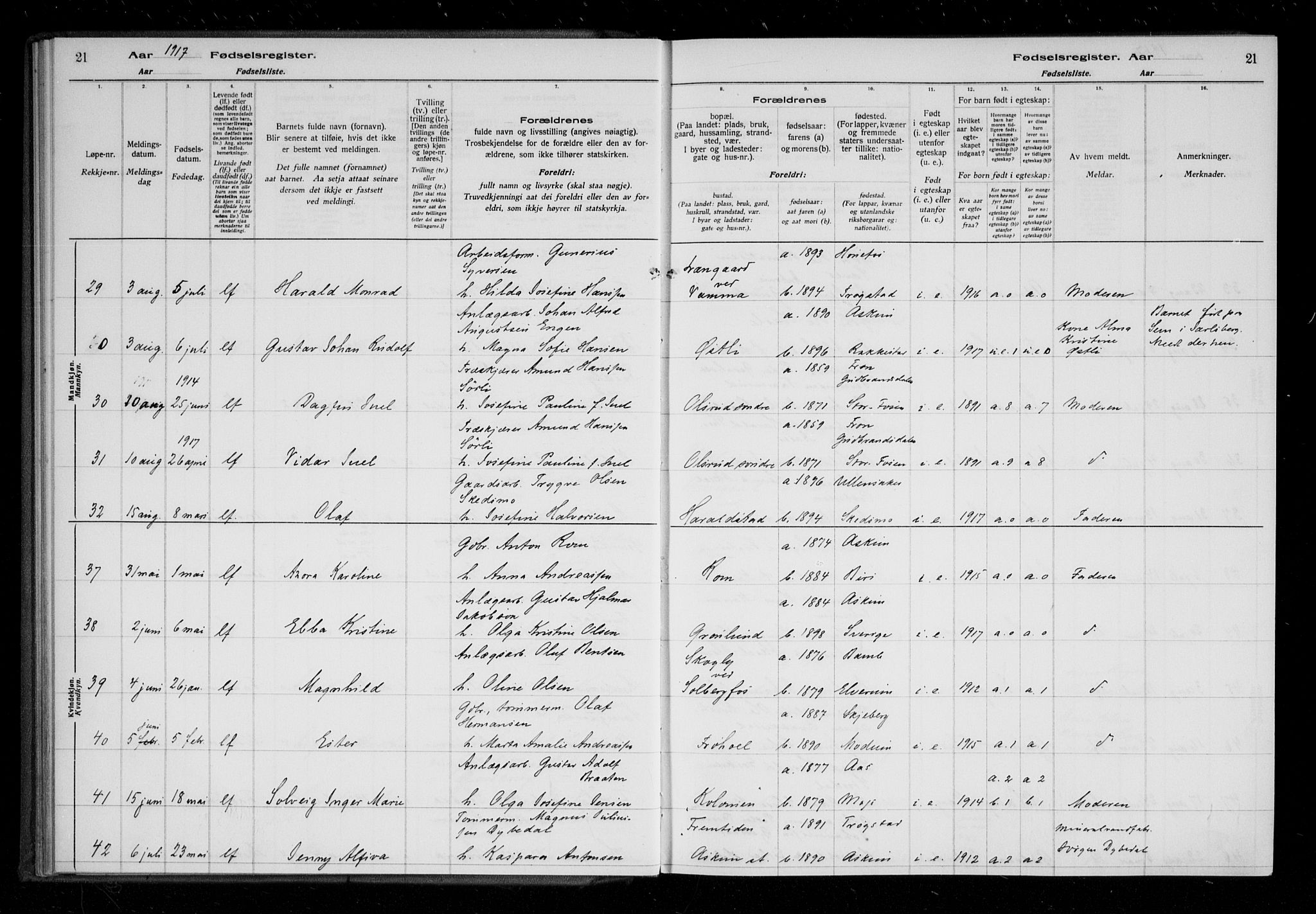 Askim prestekontor Kirkebøker, AV/SAO-A-10900/J/Ja/L0001: Fødselsregister nr. 1, 1916-1929, s. 21