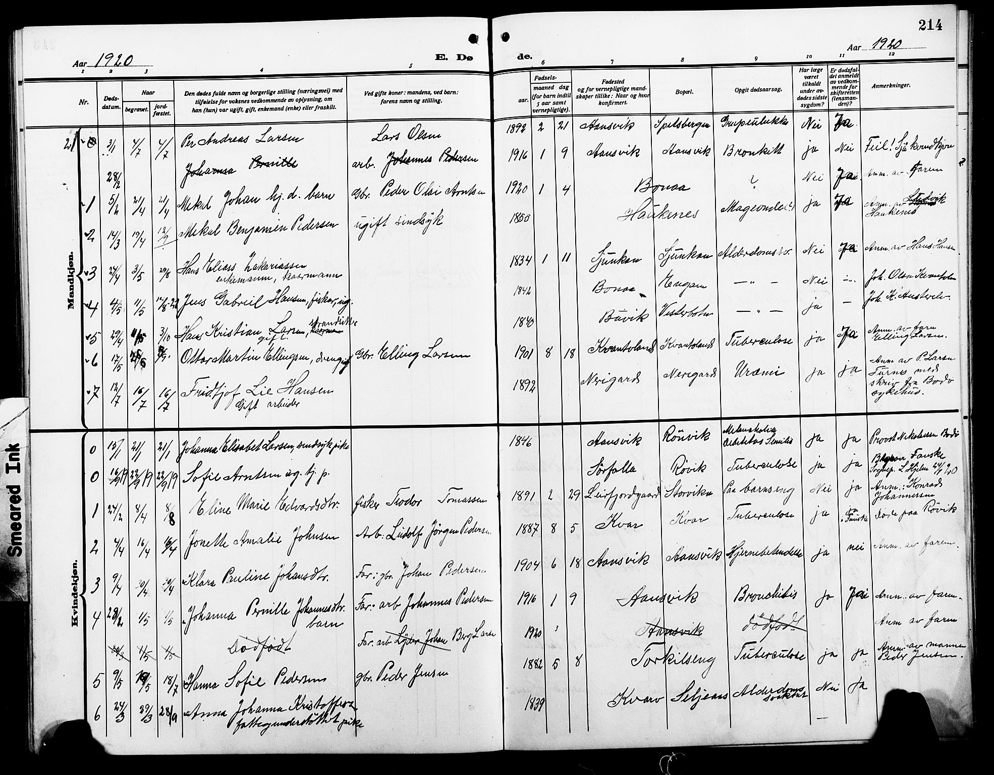 Ministerialprotokoller, klokkerbøker og fødselsregistre - Nordland, SAT/A-1459/854/L0787: Klokkerbok nr. 854C03, 1913-1926, s. 214