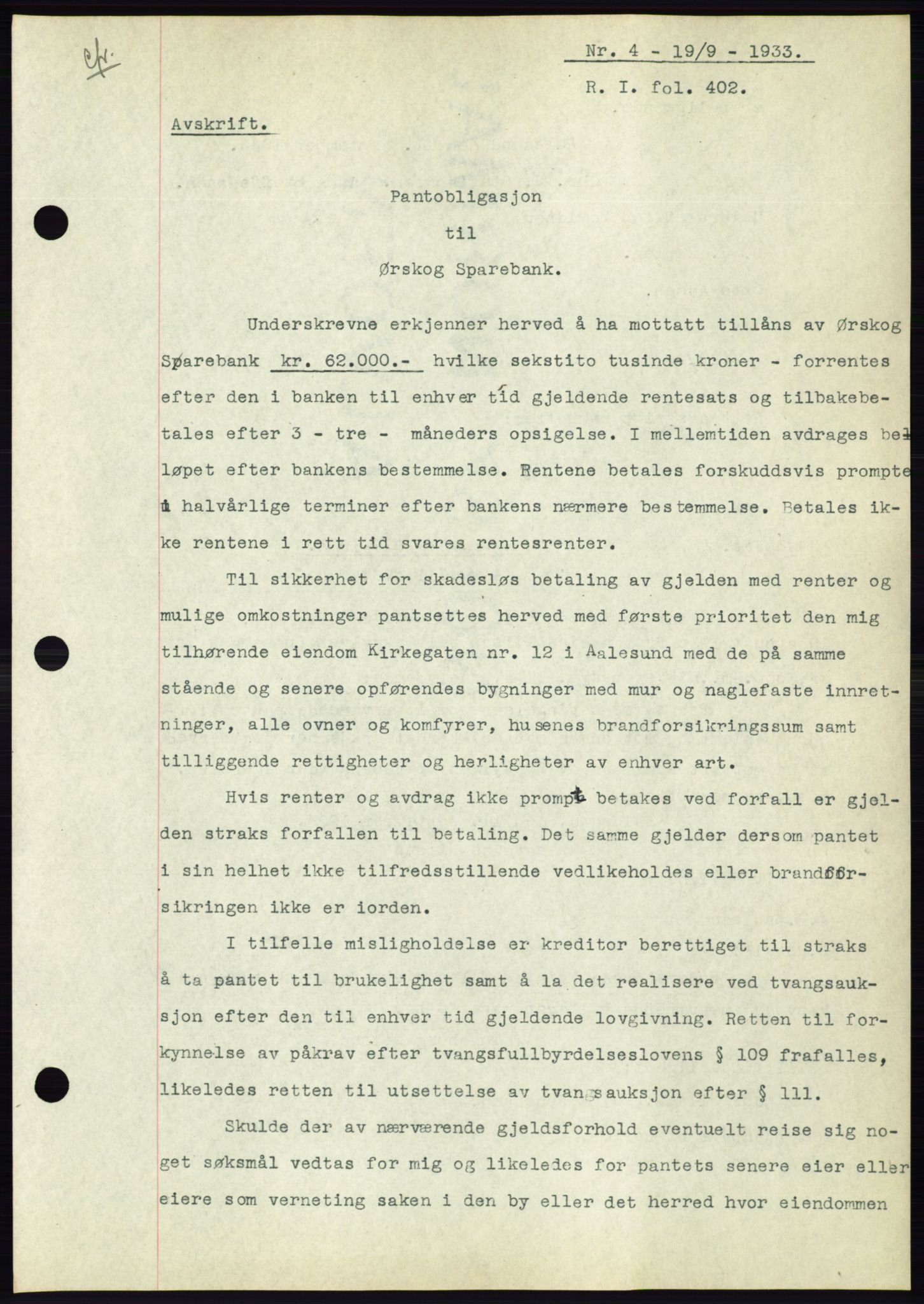 Ålesund byfogd, AV/SAT-A-4384: Pantebok nr. 31, 1933-1934, Tingl.dato: 19.09.1933