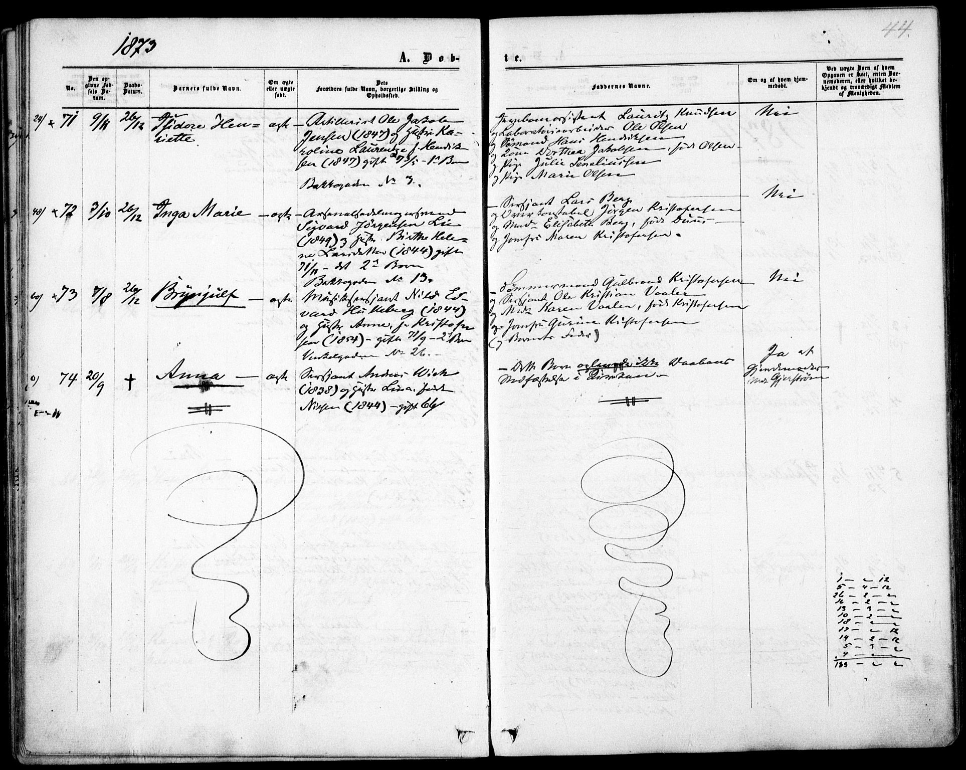 Garnisonsmenigheten Kirkebøker, AV/SAO-A-10846/F/Fa/L0011: Ministerialbok nr. 11, 1870-1880, s. 44