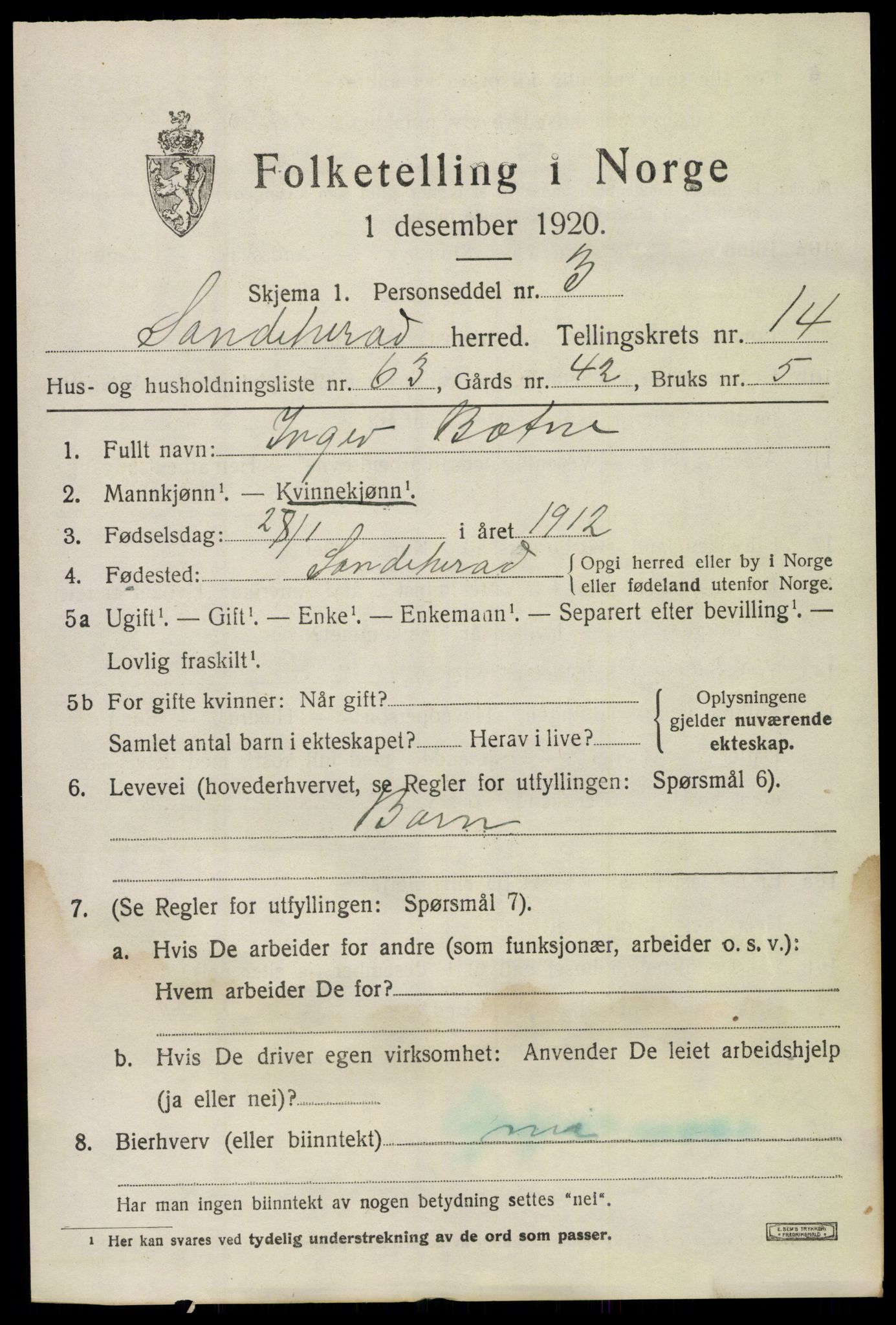 SAKO, Folketelling 1920 for 0724 Sandeherred herred, 1920, s. 21120