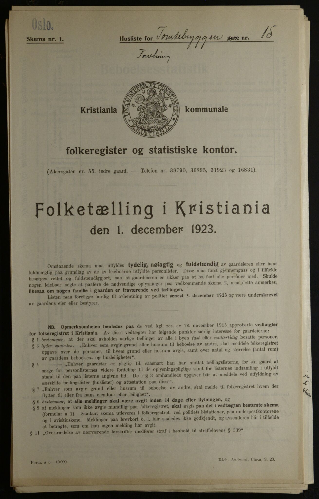 OBA, Kommunal folketelling 1.12.1923 for Kristiania, 1923, s. 125190