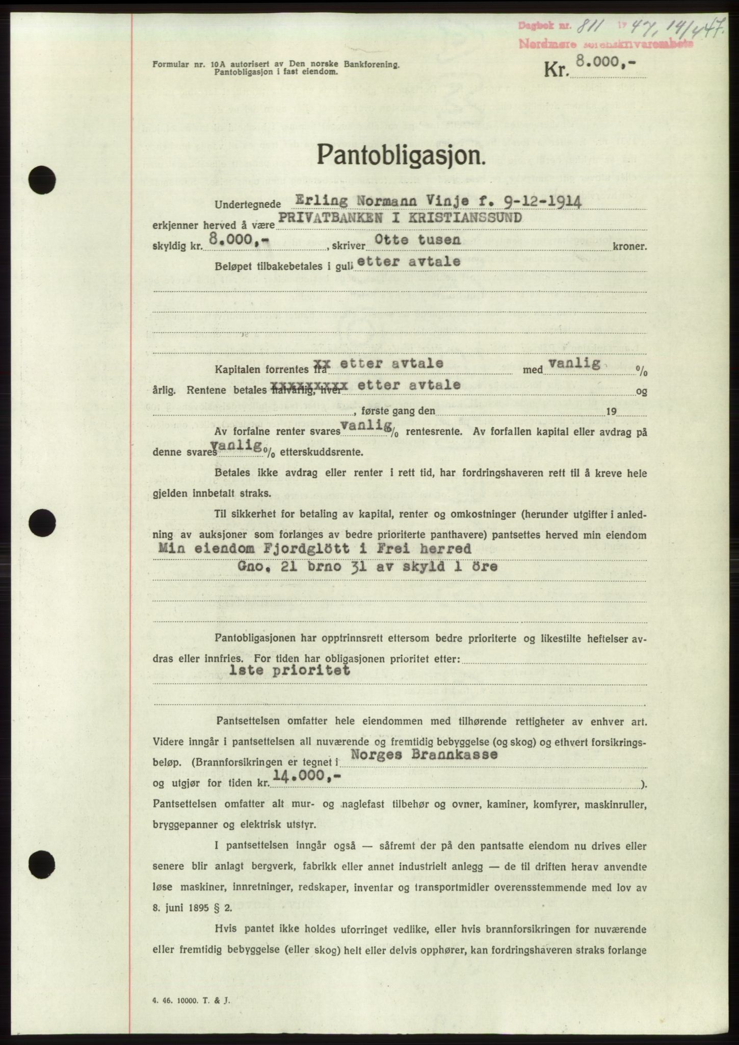 Nordmøre sorenskriveri, SAT/A-4132/1/2/2Ca: Pantebok nr. B96, 1947-1947, Dagboknr: 811/1947