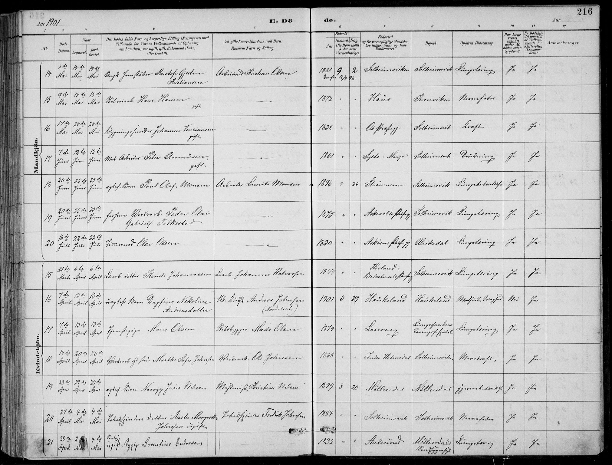 Årstad Sokneprestembete, AV/SAB-A-79301/H/Hab/L0011: Klokkerbok nr. B 1, 1886-1901, s. 216