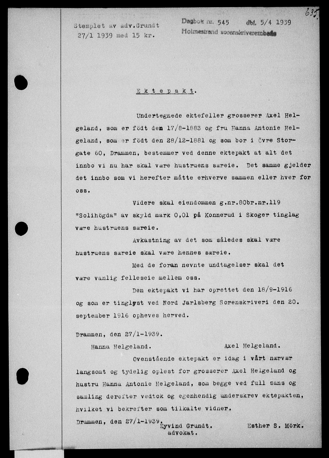Holmestrand sorenskriveri, SAKO/A-67/G/Ga/Gaa/L0050: Pantebok nr. A-50, 1938-1939, Dagboknr: 545/1939