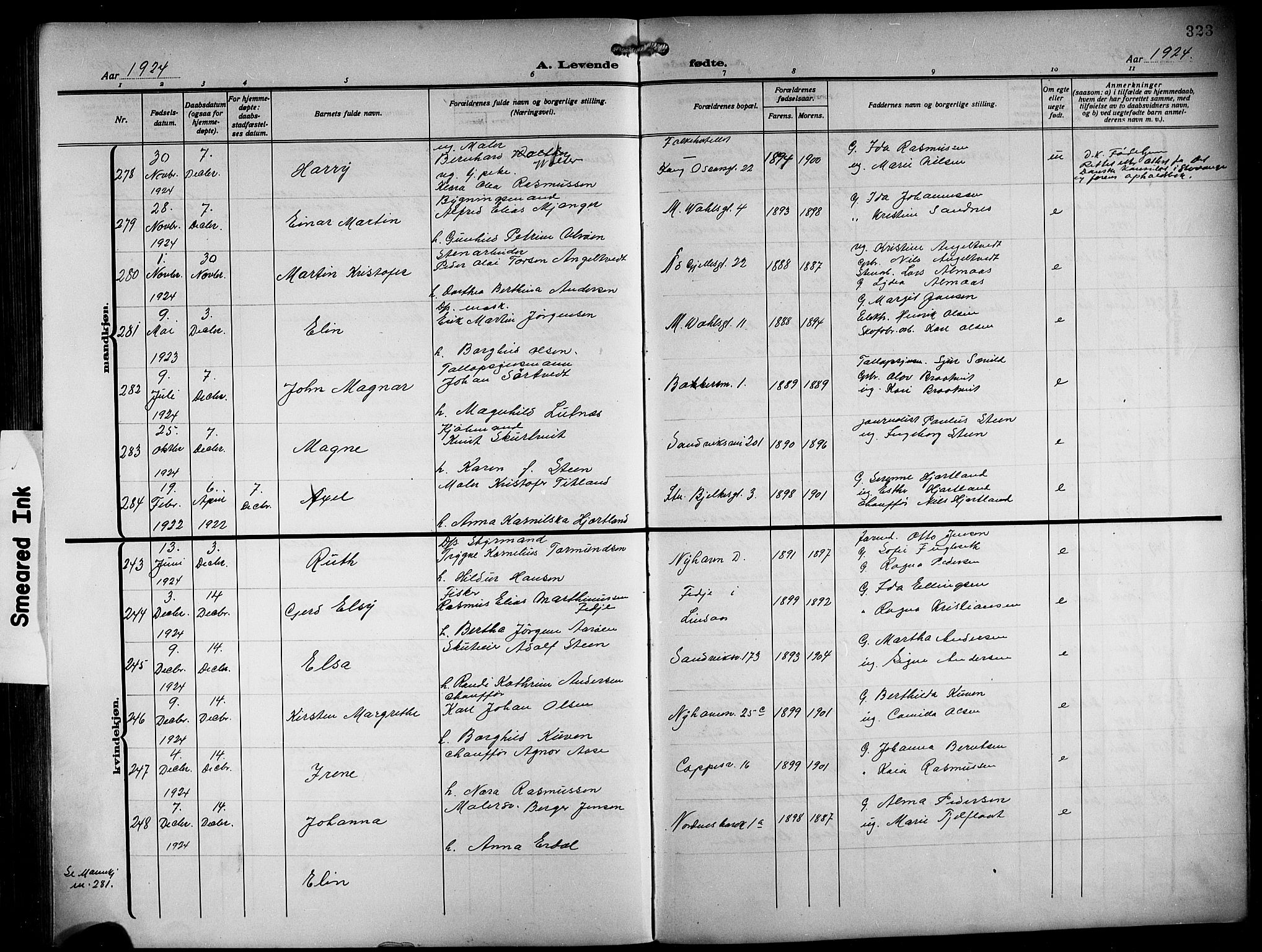 Sandviken Sokneprestembete, AV/SAB-A-77601/H/Hb/L0005: Klokkerbok nr. B 2, 1914-1925, s. 323